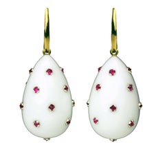 Ark Design, White Agate, Rubies and Gold Drop Earrings