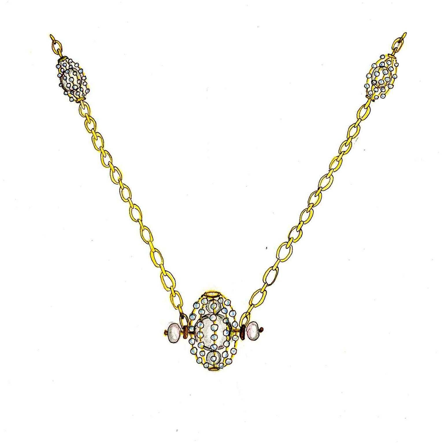Ark Design, Diamond Eyes, Yellow Gold and Pearls Pendant Brooch For Sale 1