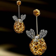 Ark Design Diamonds, Citrines, Yellow Gold, Silver, Drop Earrings