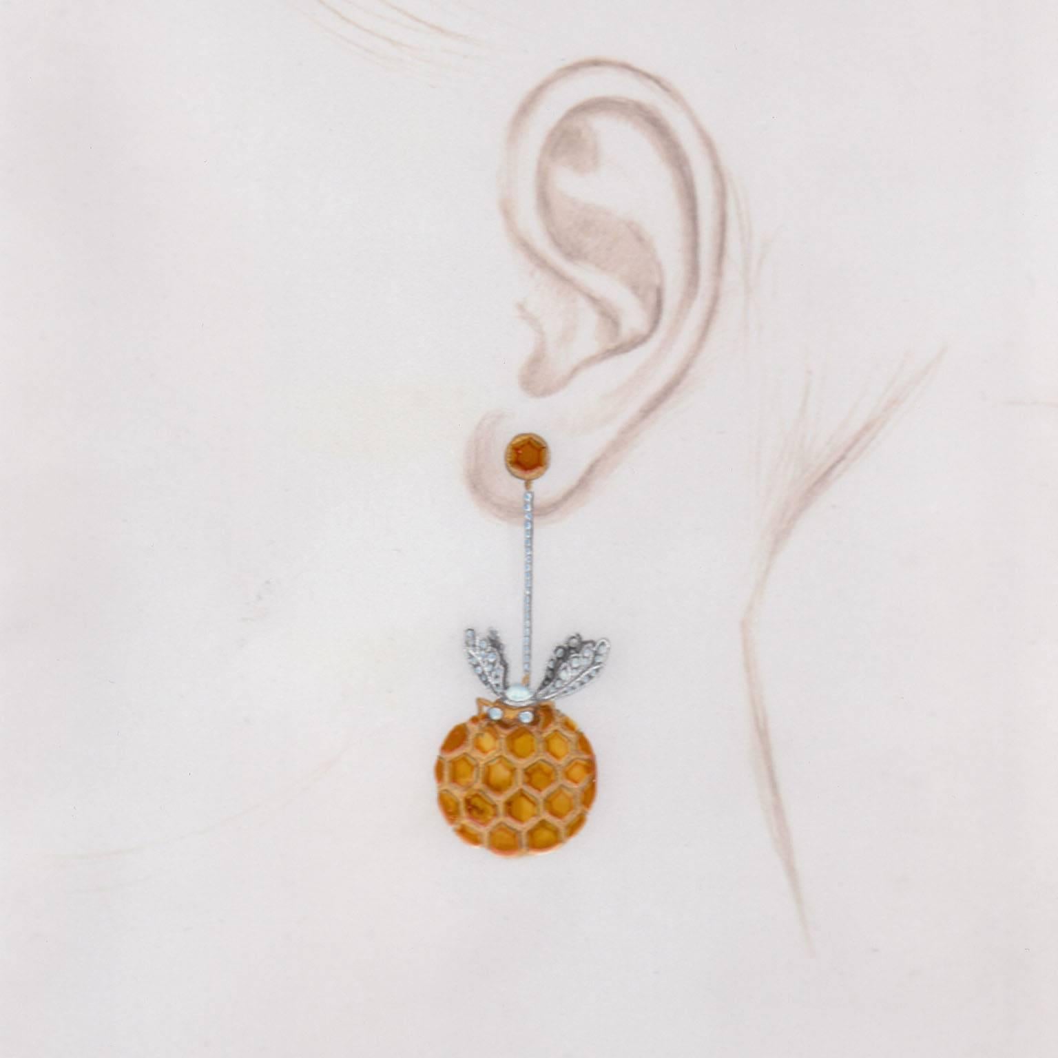 Contemporary Ark Design Diamonds, Citrines, Yellow Gold, Silver, Drop Earrings For Sale