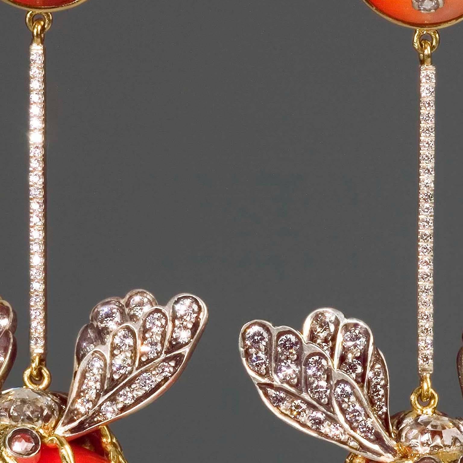 Ark Design, Diamonds, Coral 18 Karat Yellow Gold, Silver, Drop Earrings In New Condition For Sale In New York, NY