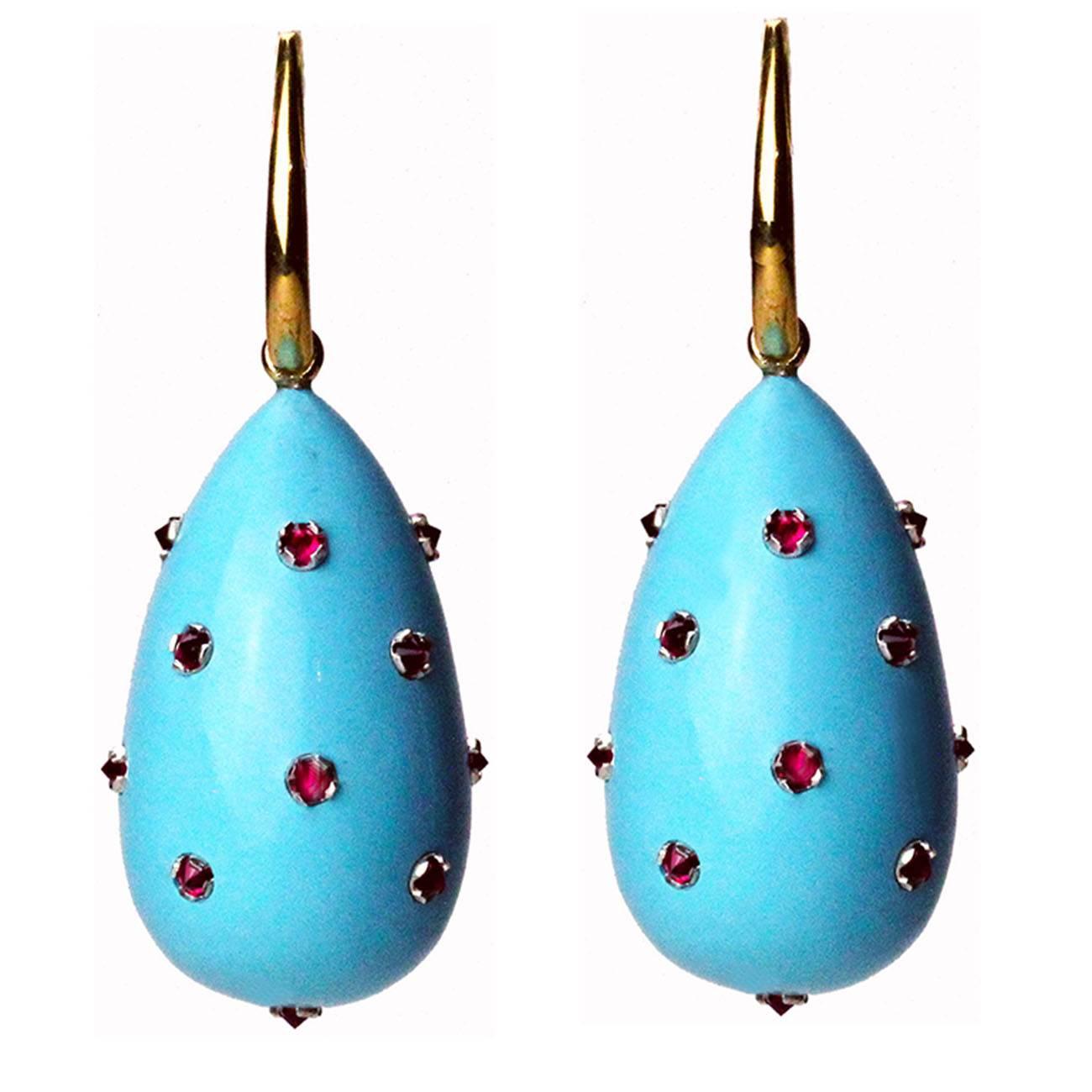Ark Design, Turquoise, Rubies, Yellow Gold Drop Earrings For Sale