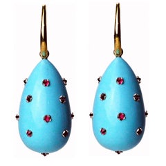 Ark Design, Turquoise, Rubies, Yellow Gold Drop Earrings