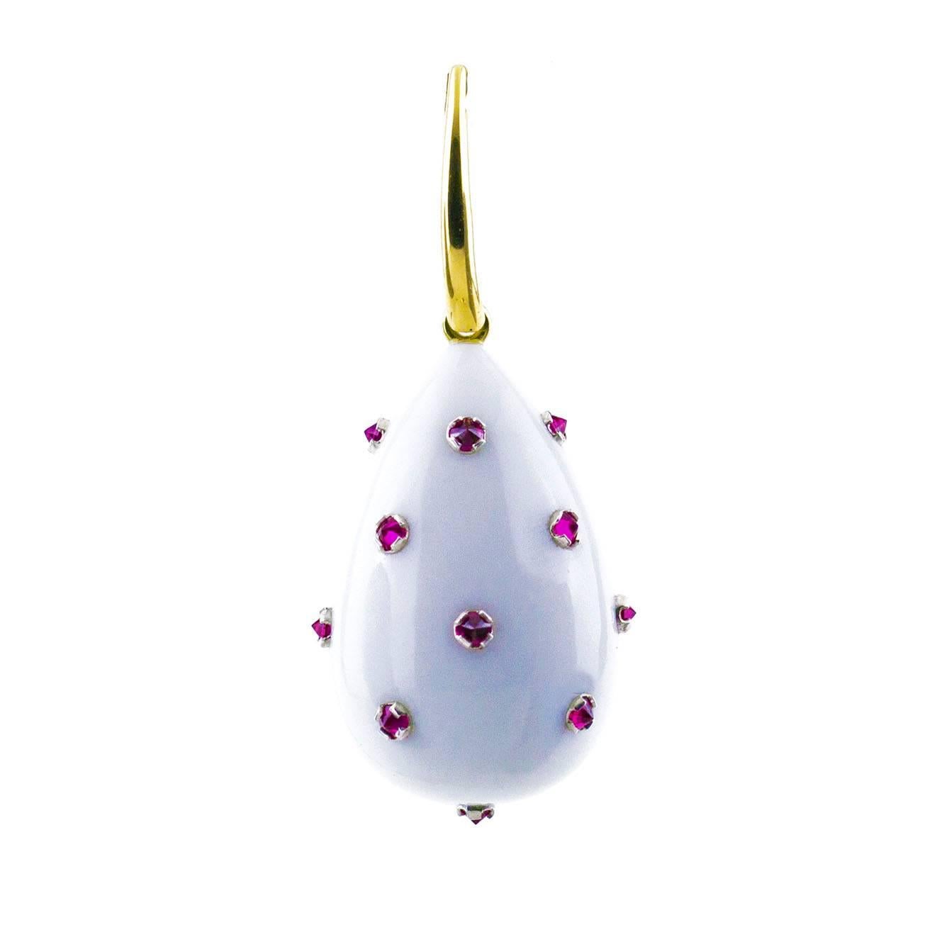 Contemporary Ark Design, White Agate, Rubies and Gold Drop Earrings For Sale