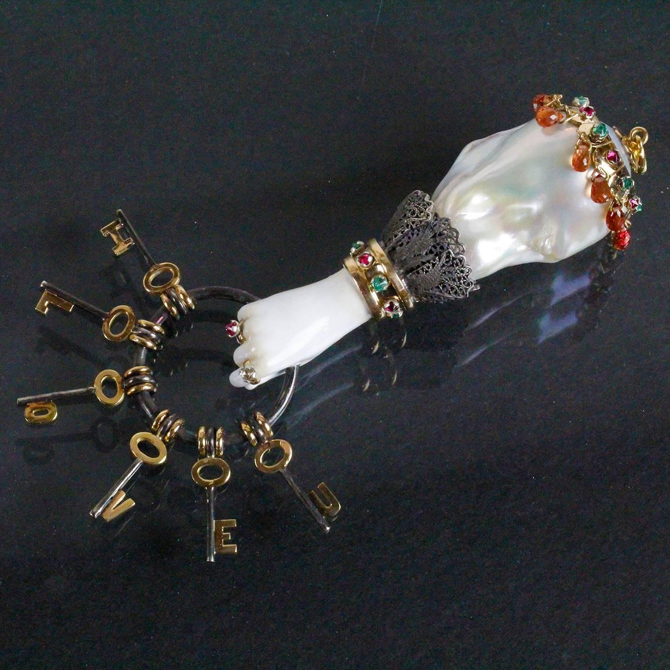 Baroque Pearl, Rubies, Diamond and Emeralds, Sapphires, Gold Pendant. ARK Design For Sale 8