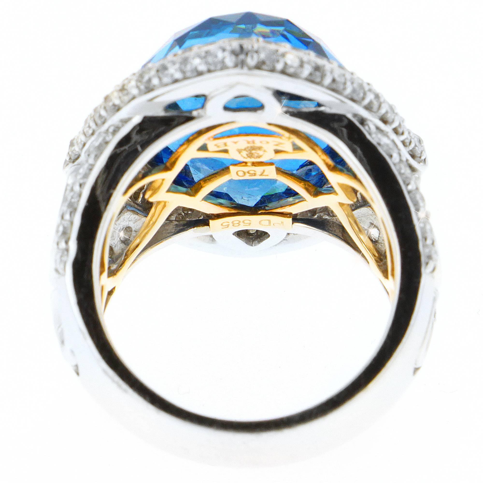 Contemporary Zorab Creation 22.90 Carat London Blue Topaz Diamond Cocktail Ring For Sale