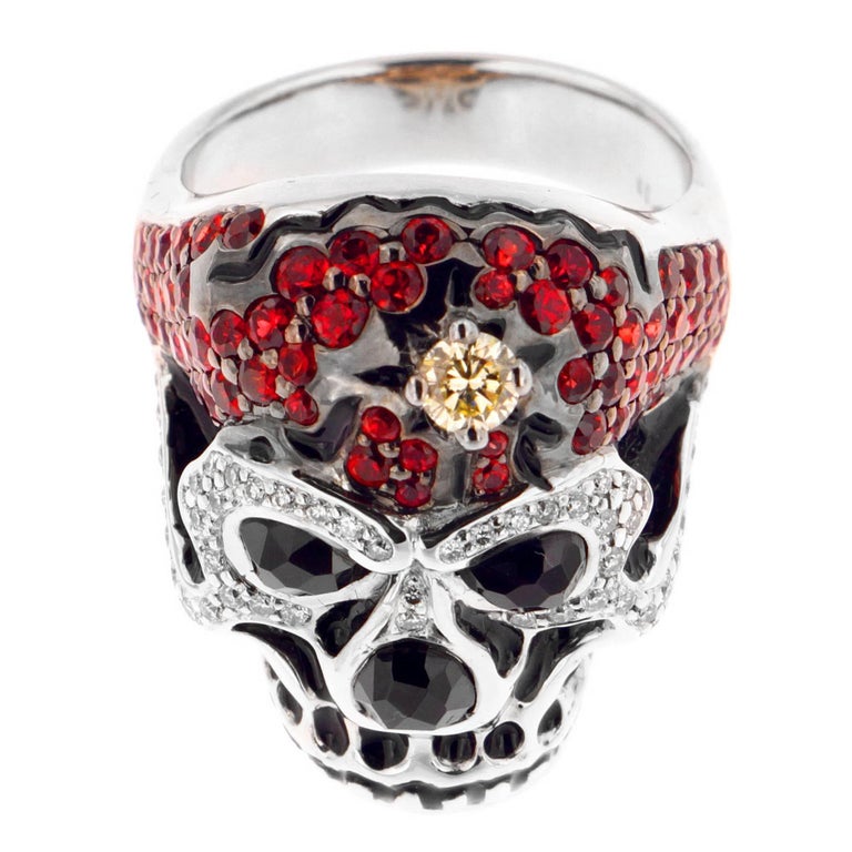 Zorab Creation Red Sapphire Spinel with Diamonds Skull Cocktail Ring For Sale