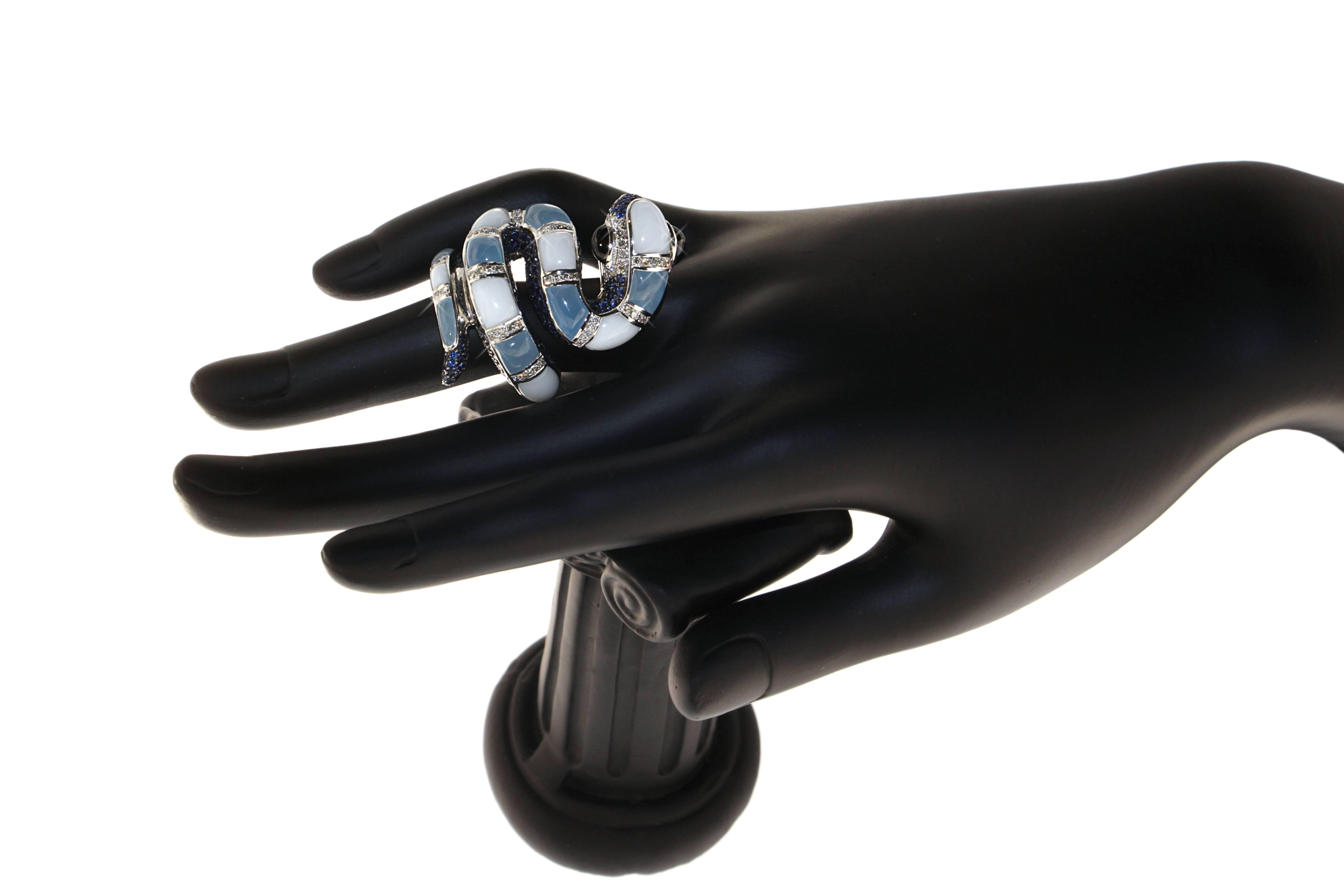 Contemporary Zorab Creation, Chalcedony, Jade, Sapphire and Diamond Pastel Python Ring