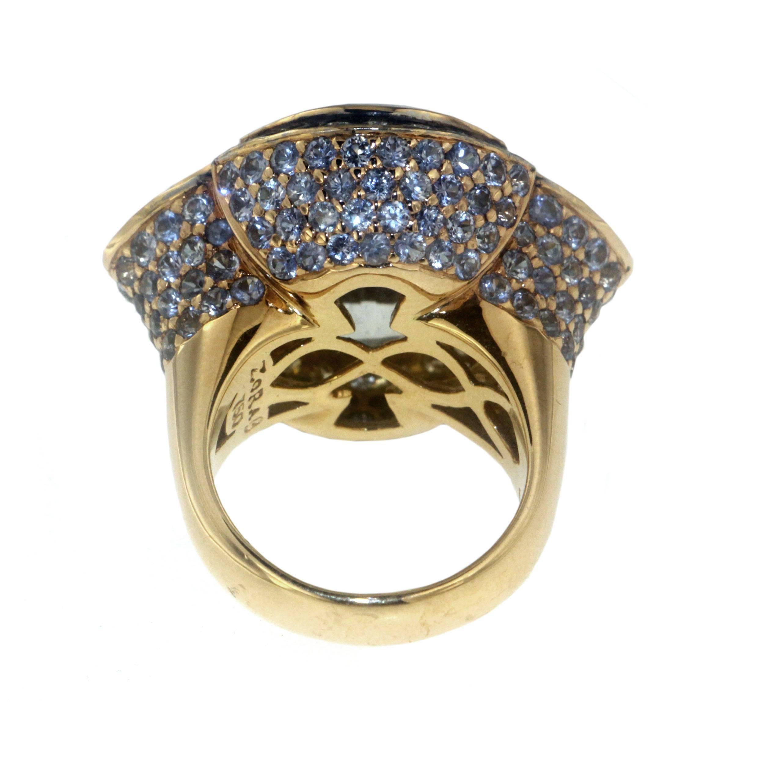 Round Cut Zorab Creation Blue Topaz and Blue Sapphire Diamond Cocktail Ring