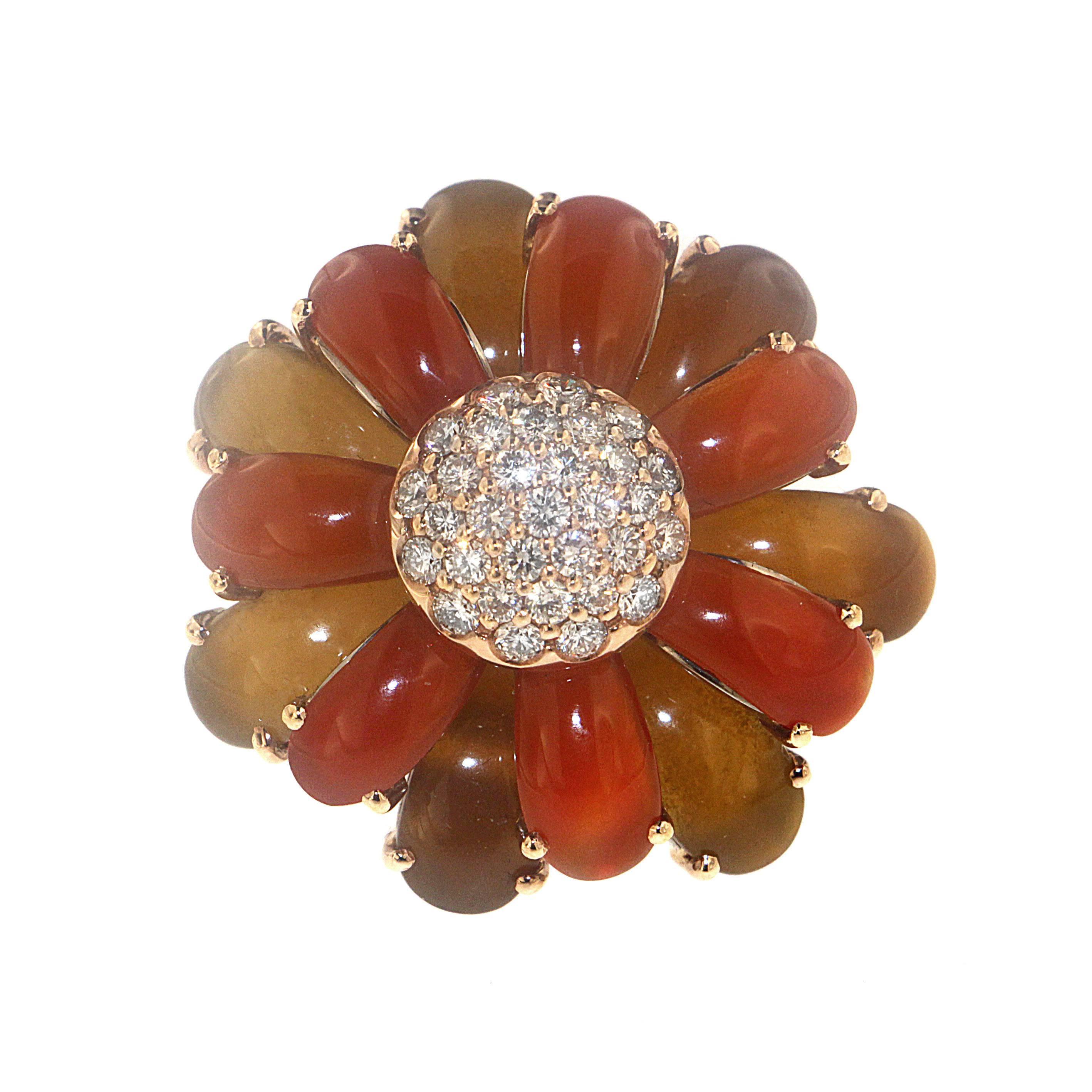 Zorab captures the bright and bountiful blossom of the sunflower always seeking the sun. With blooming petals made from 11.17 carats of Carnelian and 11.17 carats of Yellow Chalcedony, this symbolic flower features 1.11 carats of White Diamonds in