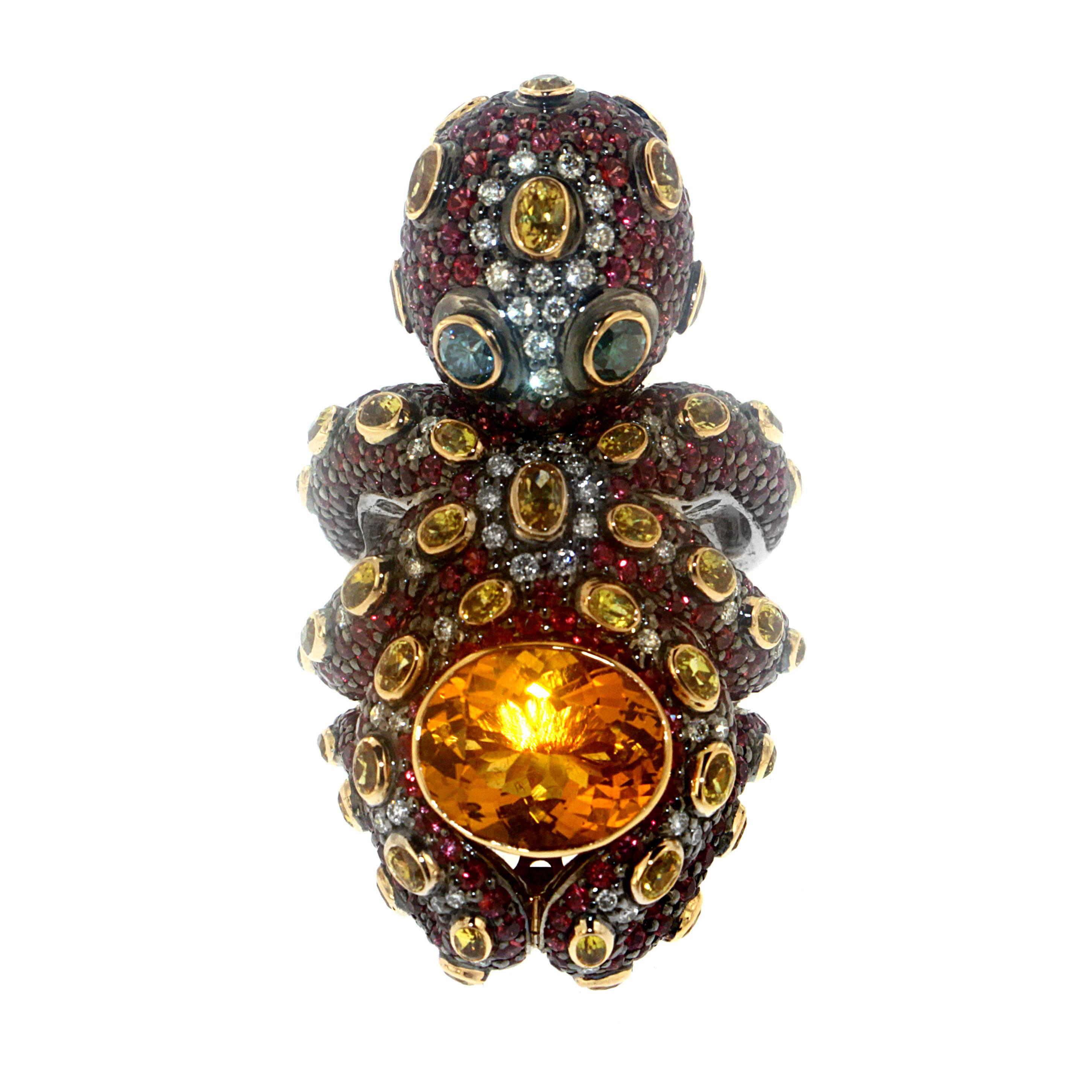Zorab Creation, bague octogonale en or, saphir rouge et jaune et diamants