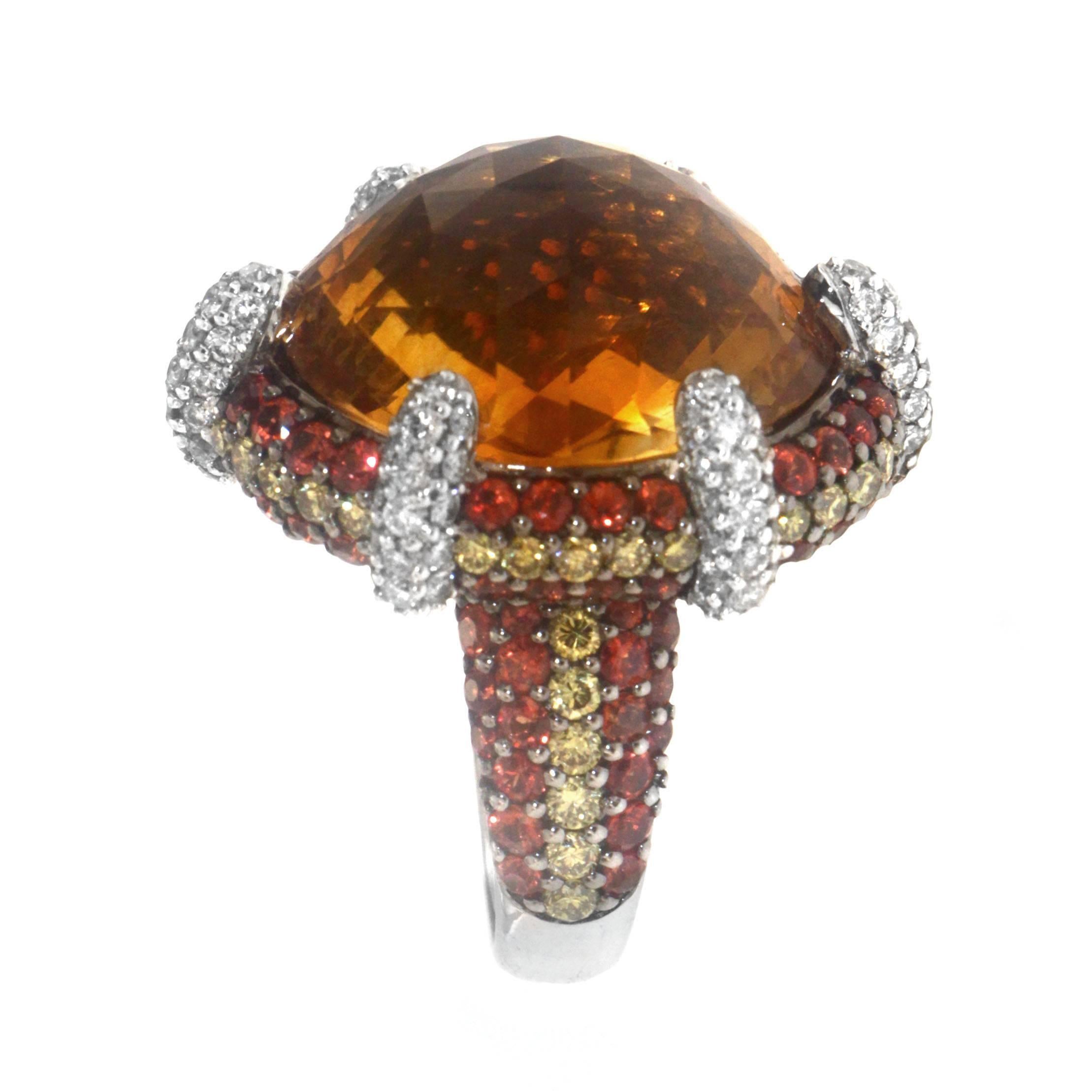 Zorab Creation  21.19 Carat Citrine Diamond Sapphire Dome Cocktail Gold Ring