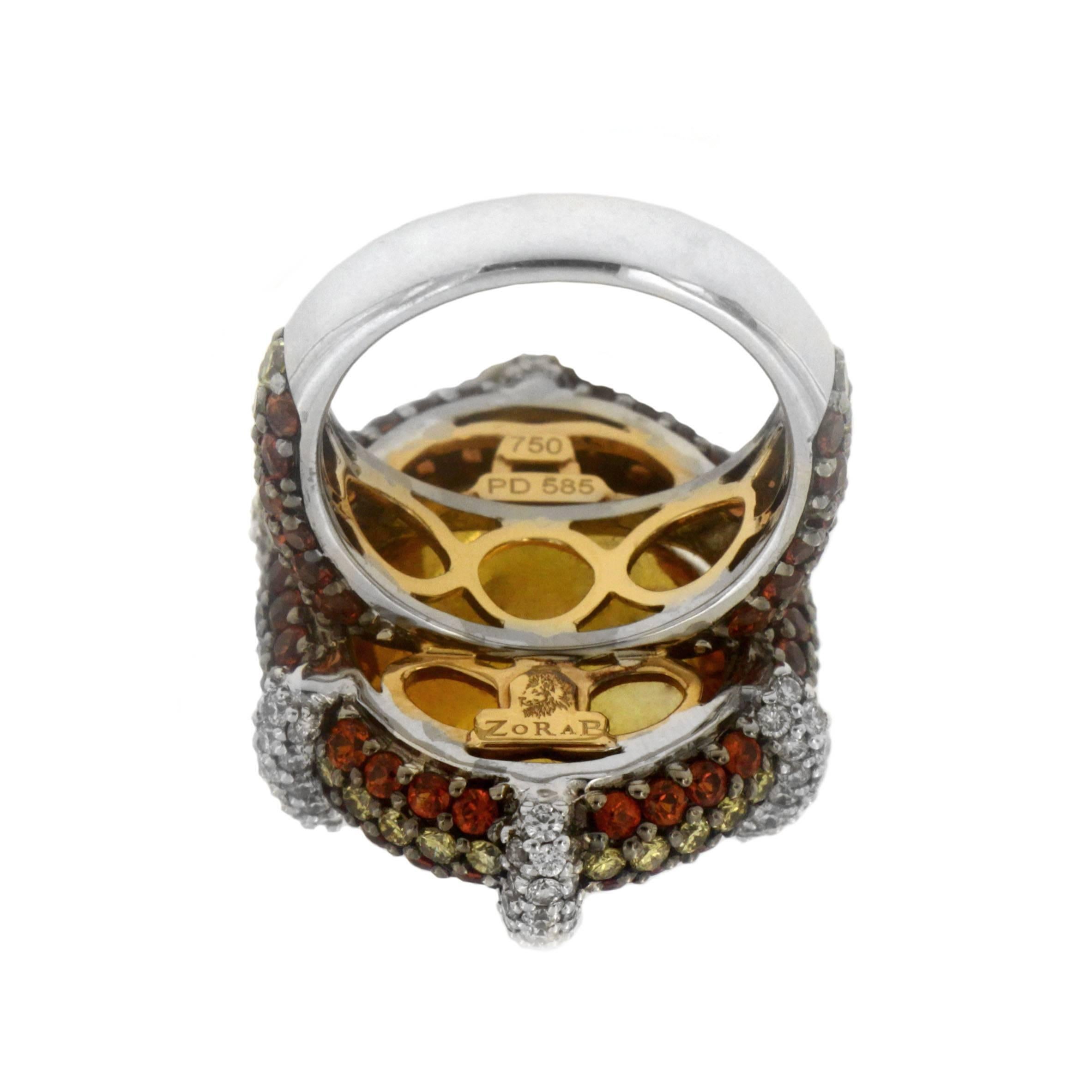Zorab Creation  21.19 Carat Citrine Diamond Sapphire Dome Cocktail Gold Ring In New Condition For Sale In San Diego, CA