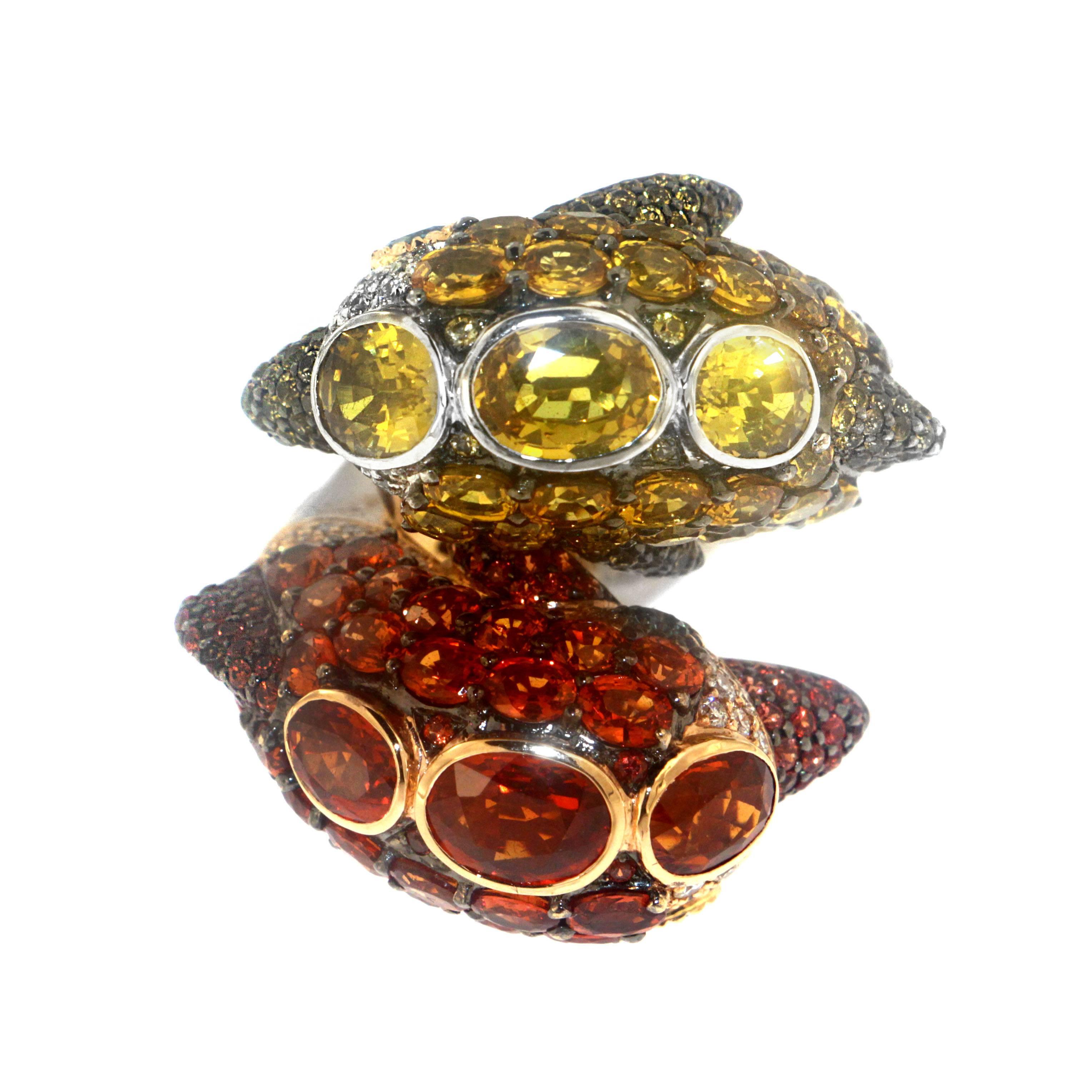 Contemporary Zorab Creation Yellow and Orange Sapphire Dolphins Ring For Sale