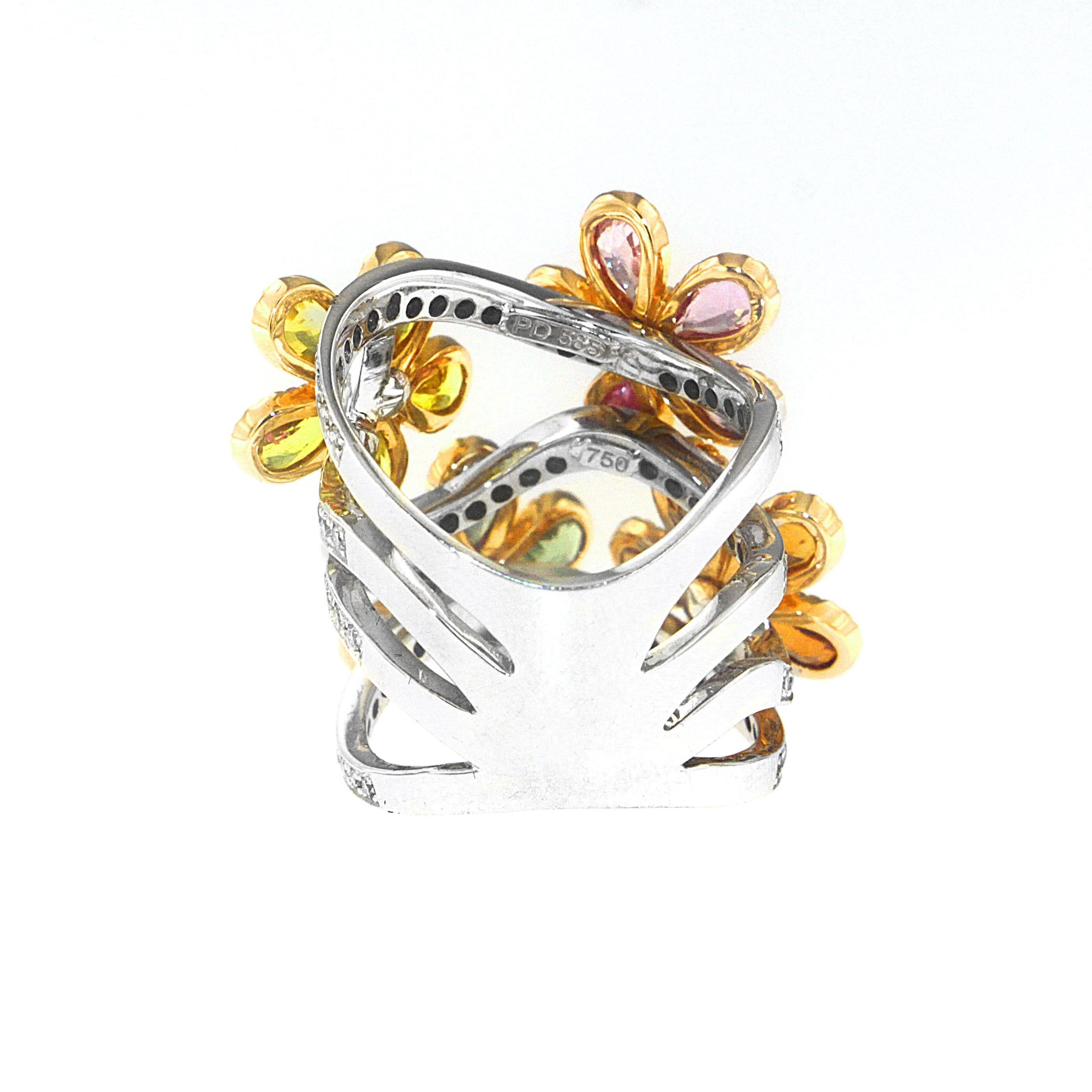Contemporary Zorab Creation Blooming Sapphire Flowers with Yellow Diamonds Ring
