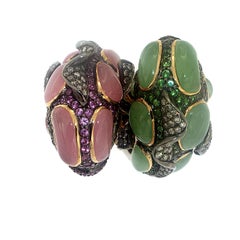 Zorab Creation 33.15 Carat Pink and Green Jade Twin Koi Fish Ring