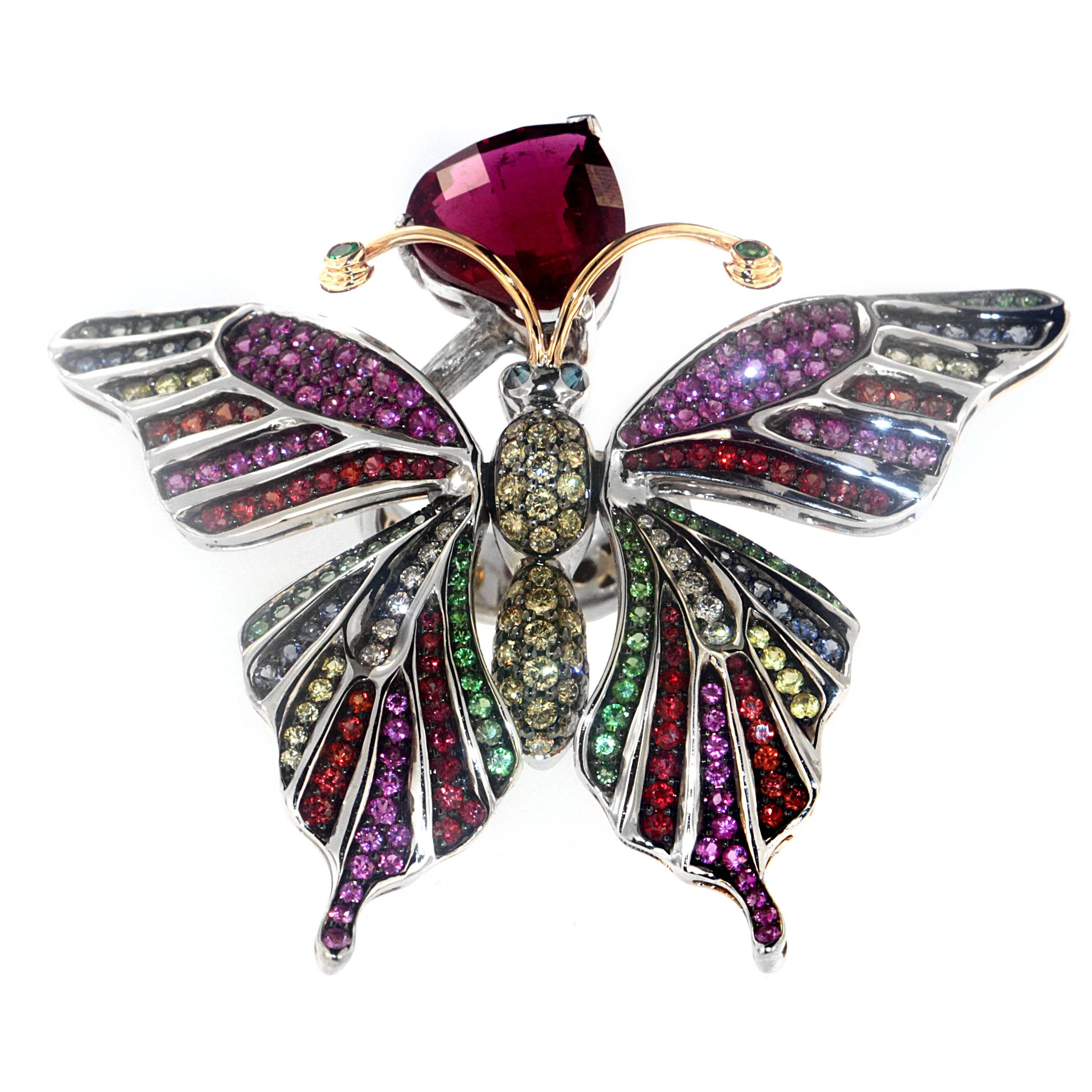 Zorab Creation Bague cocktail papillon en rubis, saphirs multicolores, grenats et diamants
