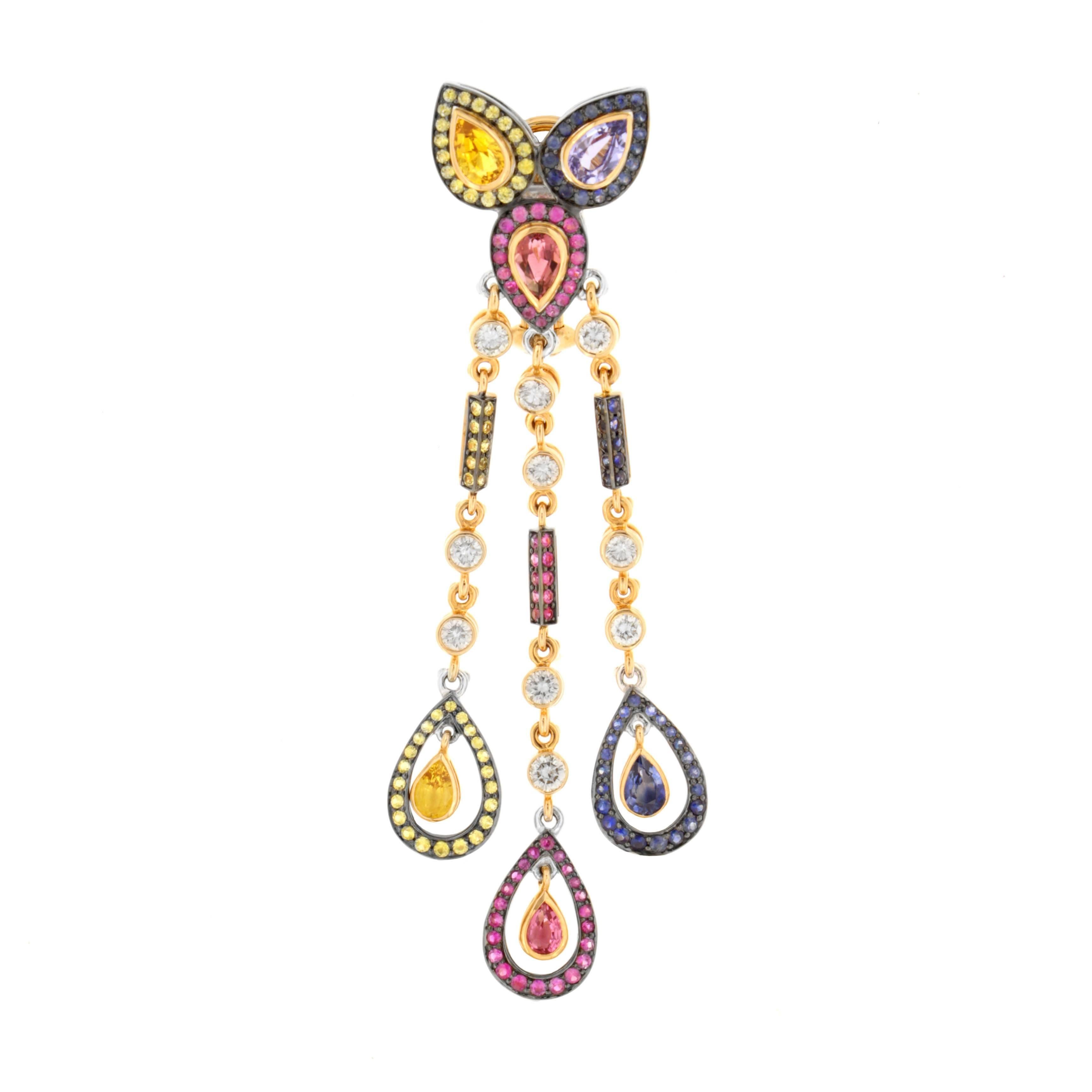 Unleash the mischievous and fantastical from within and have fun wearing Zorab's colorful, whimsical, and stunning pair of dangle earrings featuring 2.21 carats of White Diamonds, 2.17 carats of Blue Sapphire, 1.70 carats of Pink Tourmaline, 1.23