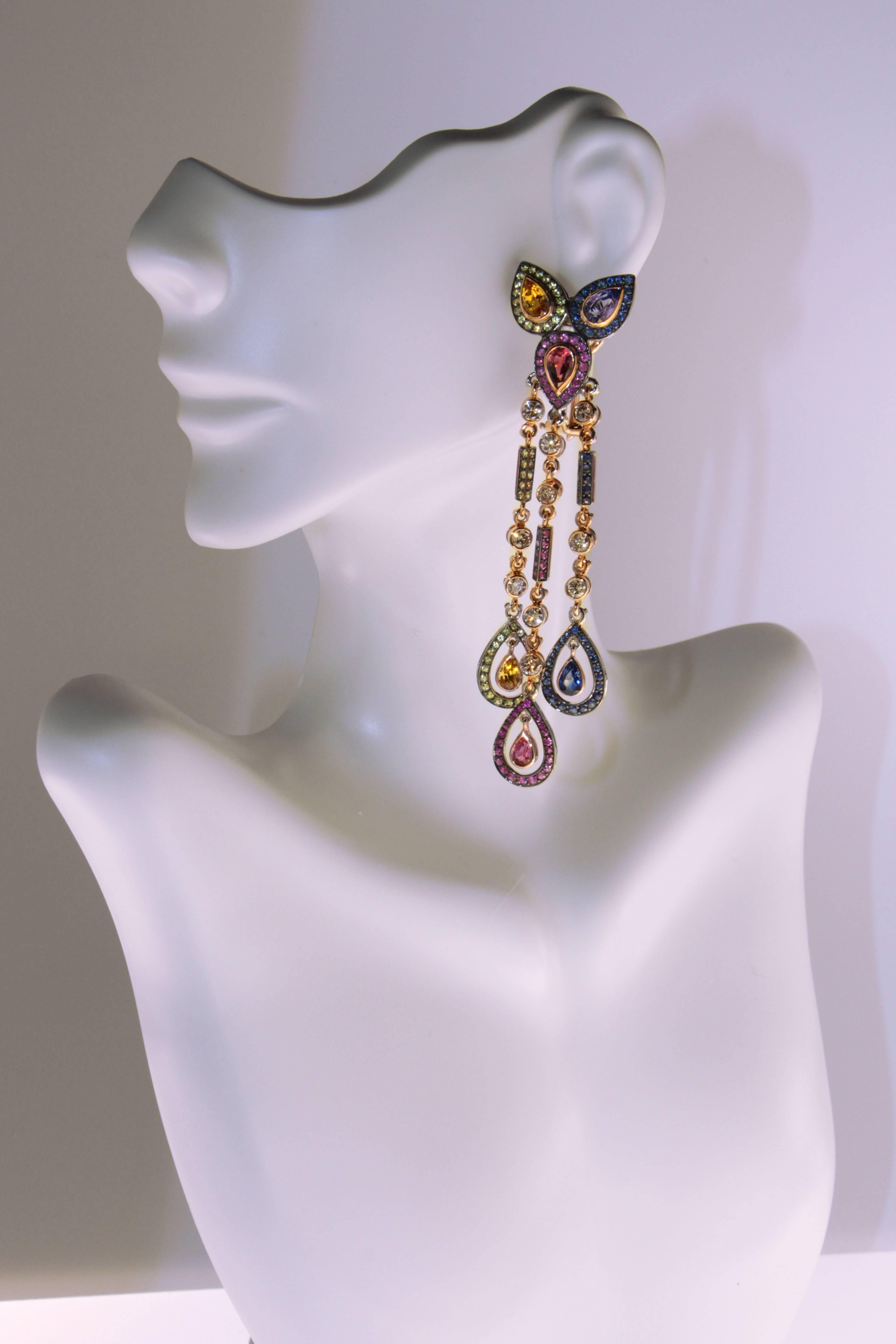 Zorab Creation Sapphire Blue Pink Tourmaline Diamond Dangle Earrings In New Condition For Sale In San Diego, CA