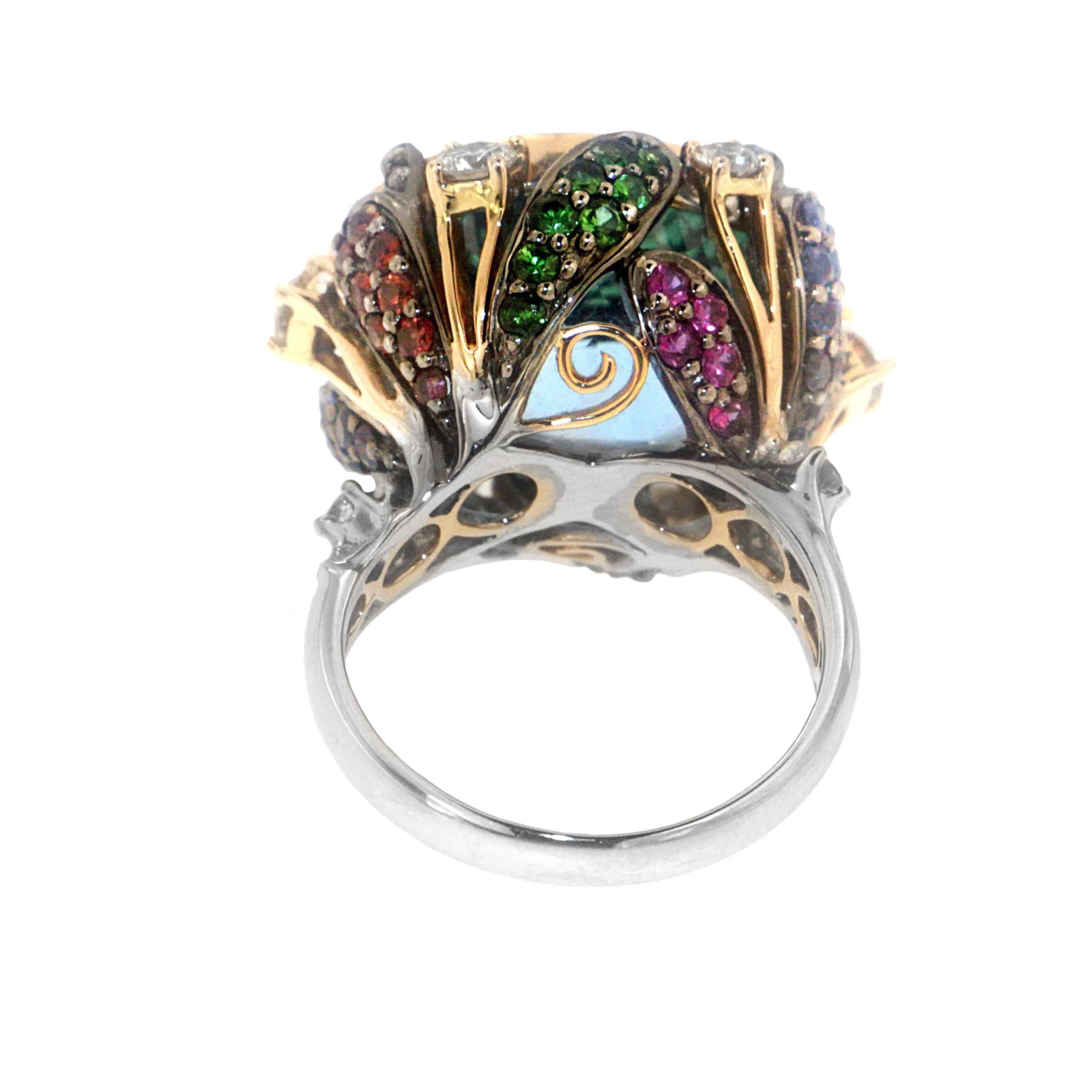 Contemporary Zorab Creation 23.70 Carat Blue Topaze Red Pink Blue Sapphire Cocktail Ring For Sale