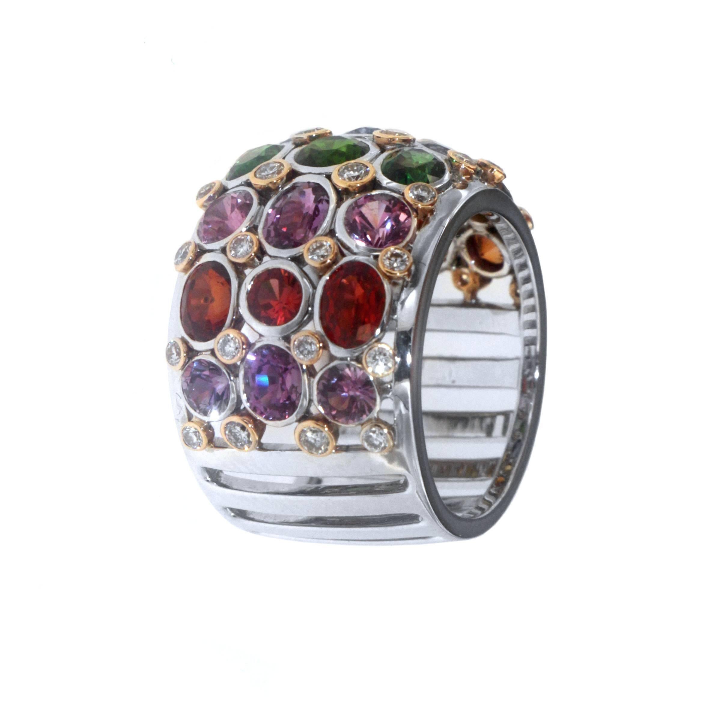 This Gorgous ring is a colorful, precious, and beautiful design in the Zorab Creation selection. The ring is designed and asorted with Multicolored Sapphires the colors include Orange, Yellow, Blue, Pink, Purple, and lastly red with an overall of