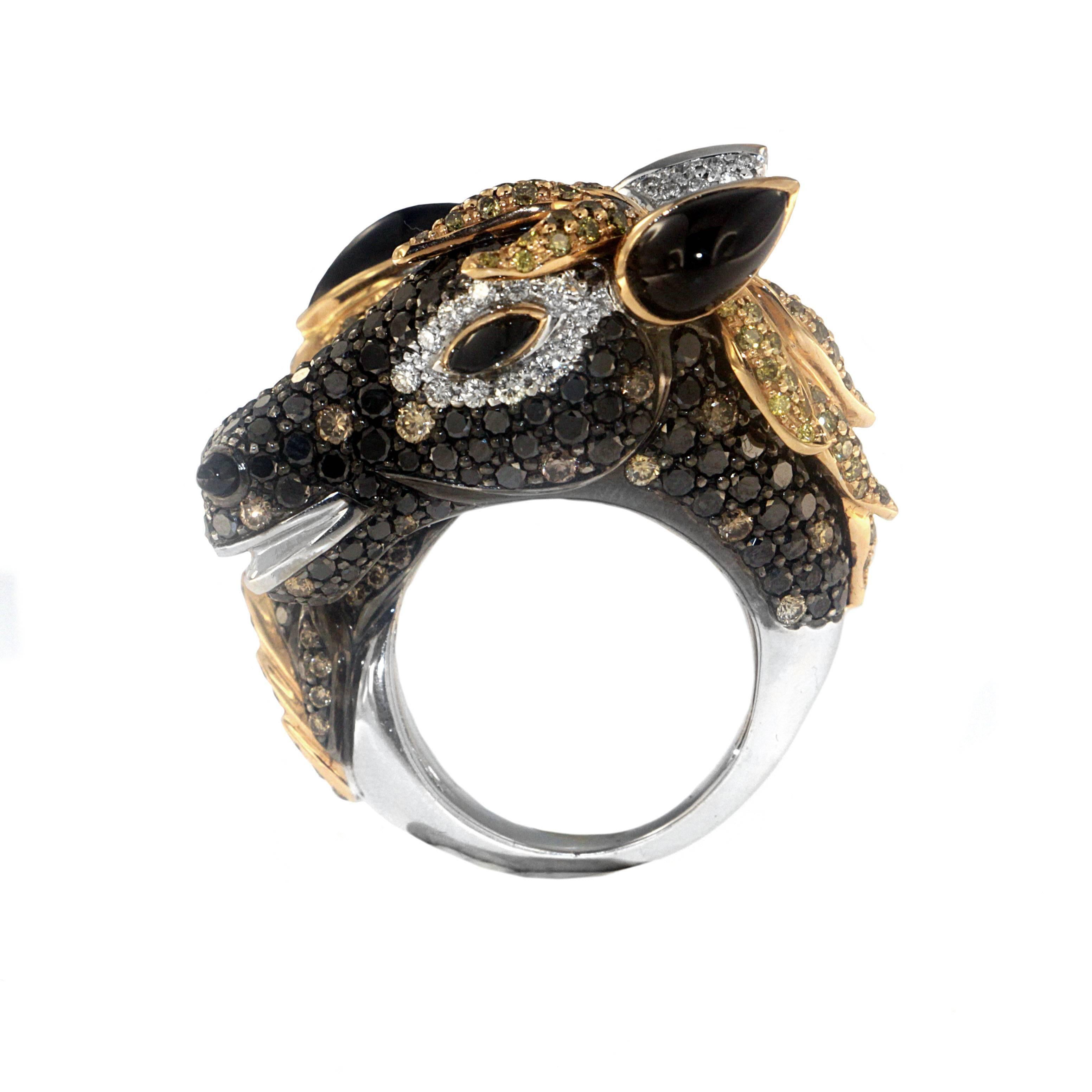 Are You ready for the Derby?

This graceful horse is sure to dash itself into your heart. This ring consists of Black, Brown, Yellow, and White Diamonds with an overall of 7.51 carats, and is a mixture of 18K Gold & Palladium with a great design