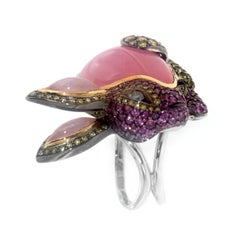 Zorab Creation Pink Jade and Sapphire Diamond with Gold Bunny Cocktail Ring