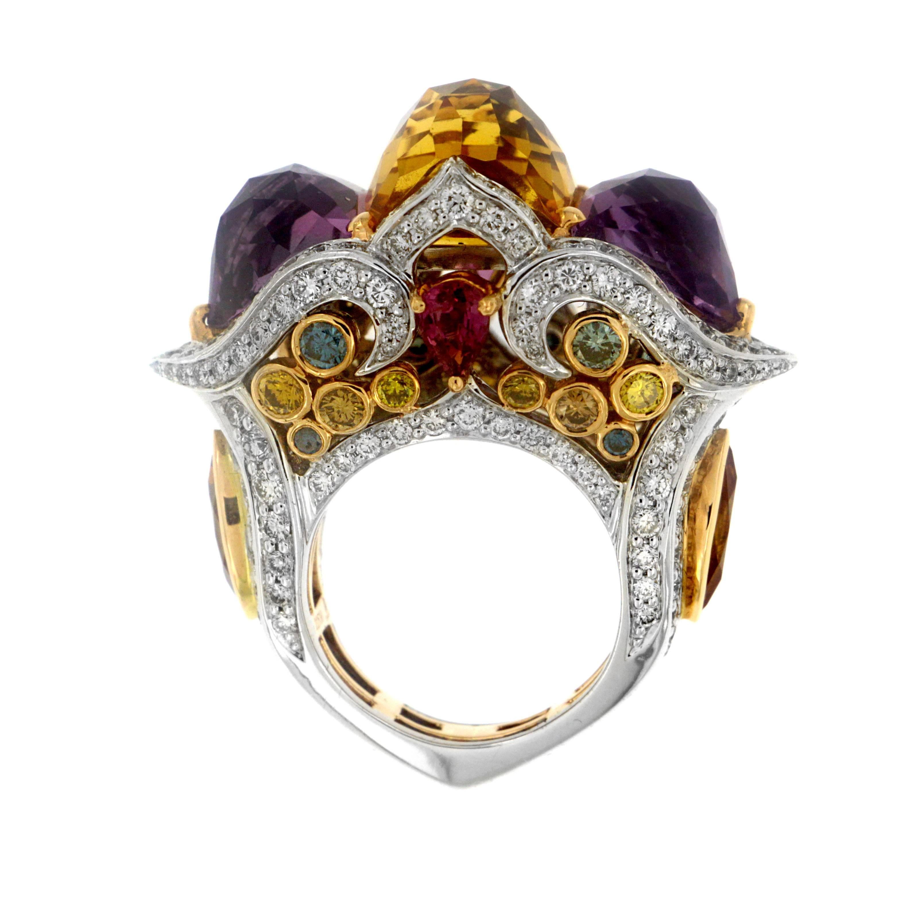 Taille mixte Zorab Creation Bague en saphir, améthyste, quartz, citrine et diamant de couleur en vente