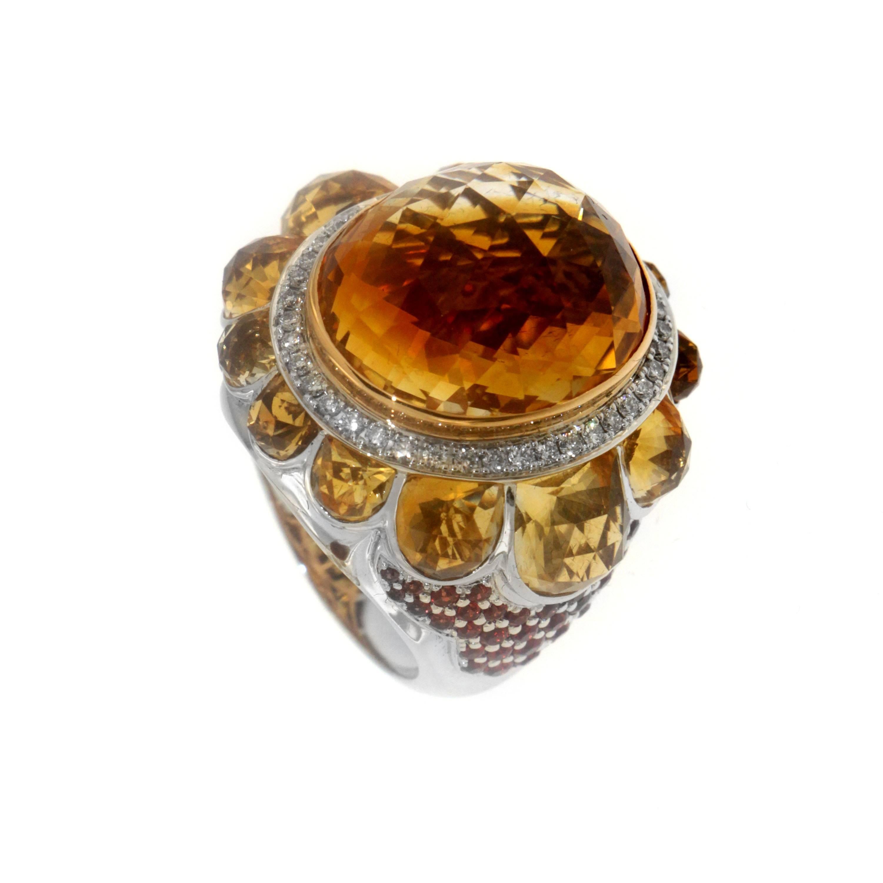 Accessorize with glamor and share you verve with Zorab's 32.49 Carat Citrine Quartz Cocktail Ring. The Center Stone is set in 18 Karat Gold and surrounded by 0.40 carats of white diamonds. Citrine Quartz stones encircle the bombe centerpiece, while