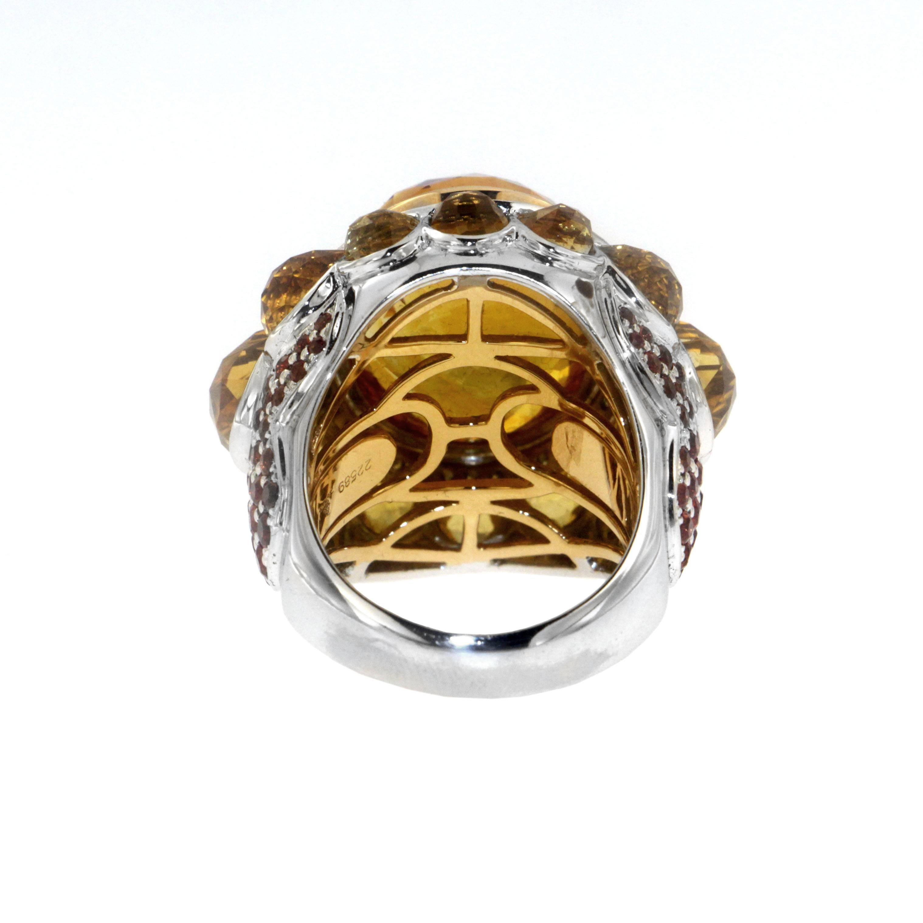 Contemporary Zorab Creation 32.49 Citrine Quartz Red Sapphire Diamond Cocktail Bombe Ring For Sale