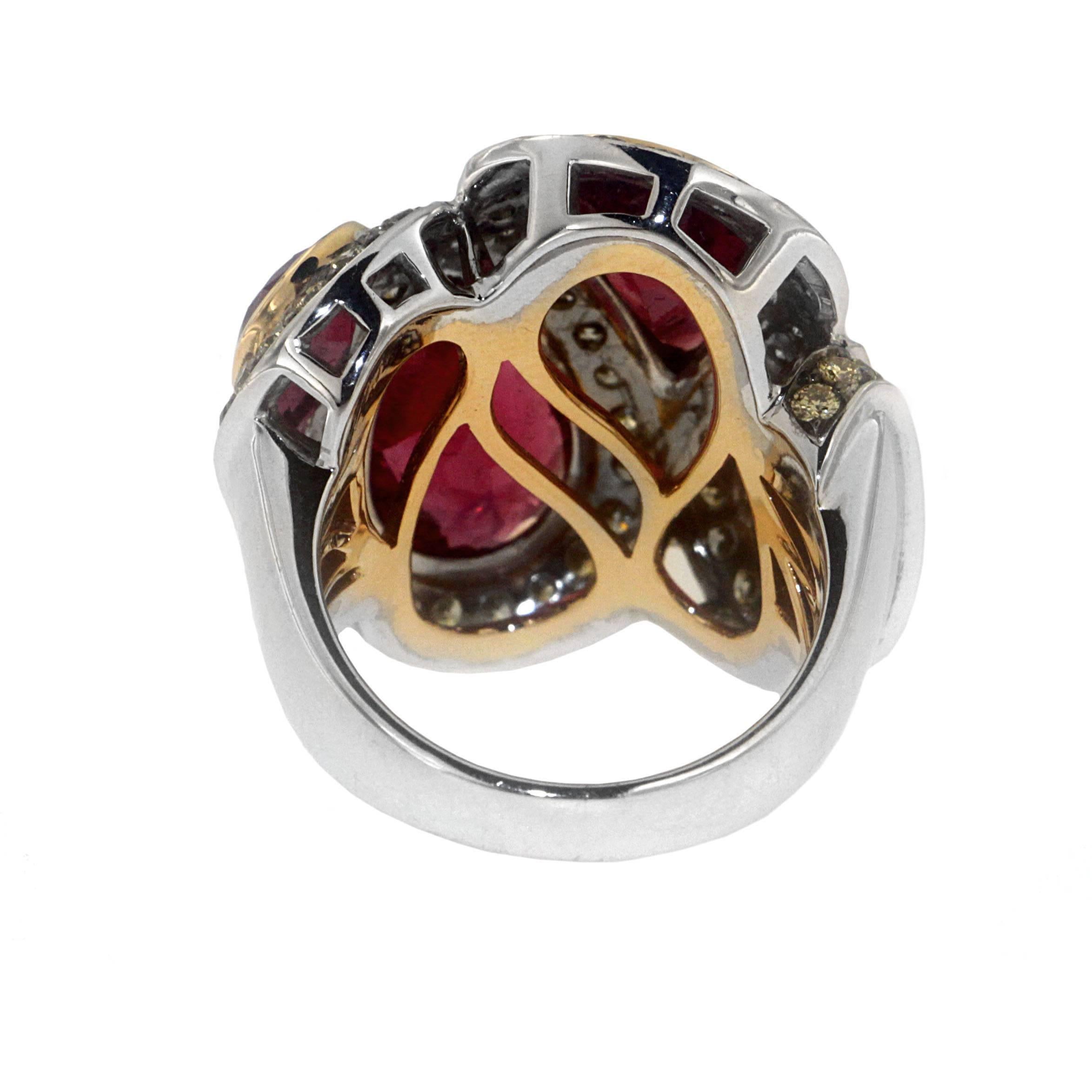Pear Cut Zorab Creation Ruby with Yellow Diamonds Gold and Palladium Cocktail Ring