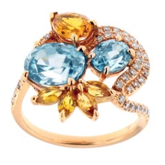 Zorab Creation Blue Zircon, Yellow Sapphire and White Diamond Gold Swirl Ring