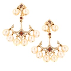 Zorab Creation Pearl Garnet Spinel with White Diamonds Chandelier Gold Earring