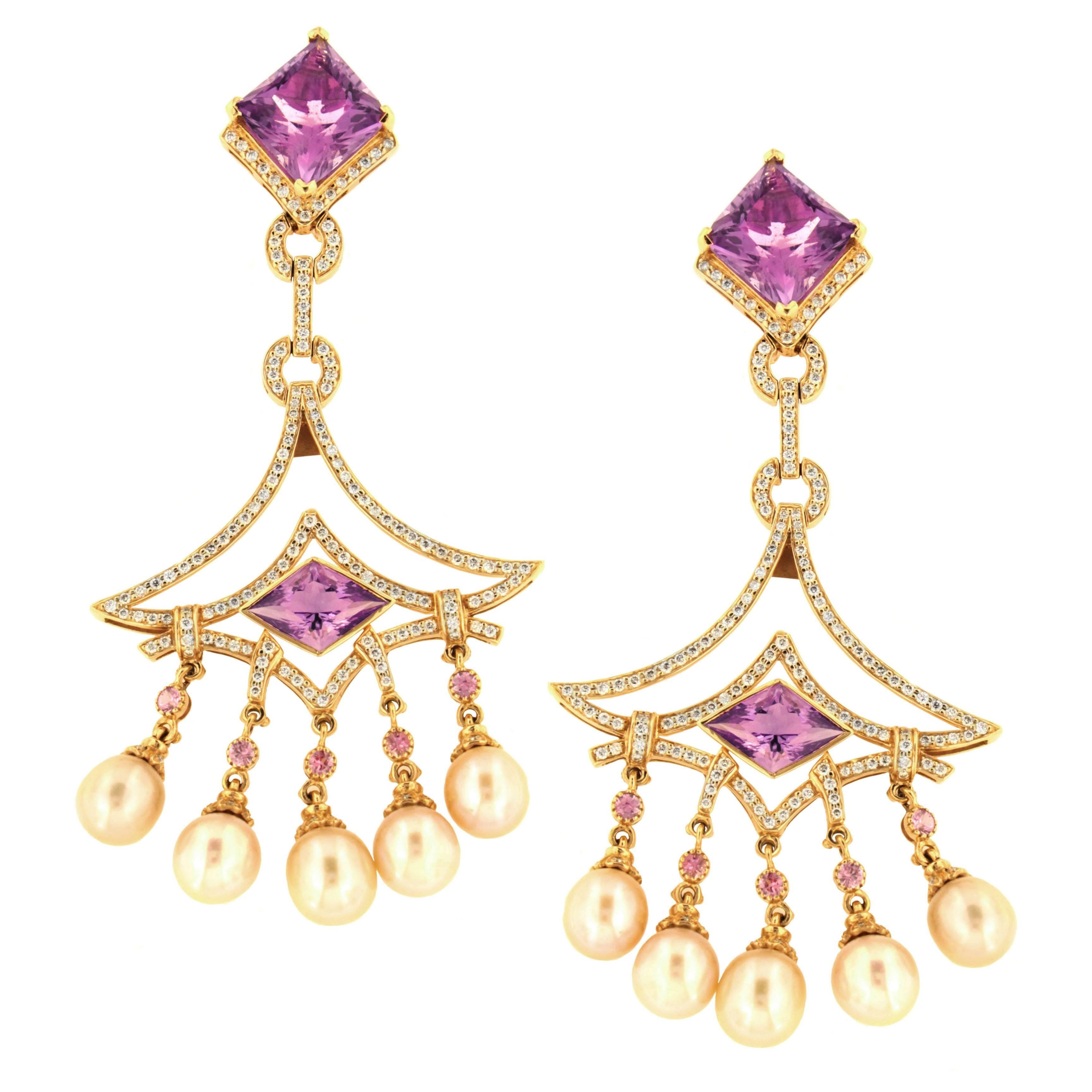 Zorab Creation Amethyst Quartz Pearl and Sapphire Diamond Earrings 18 Karat Gold For Sale