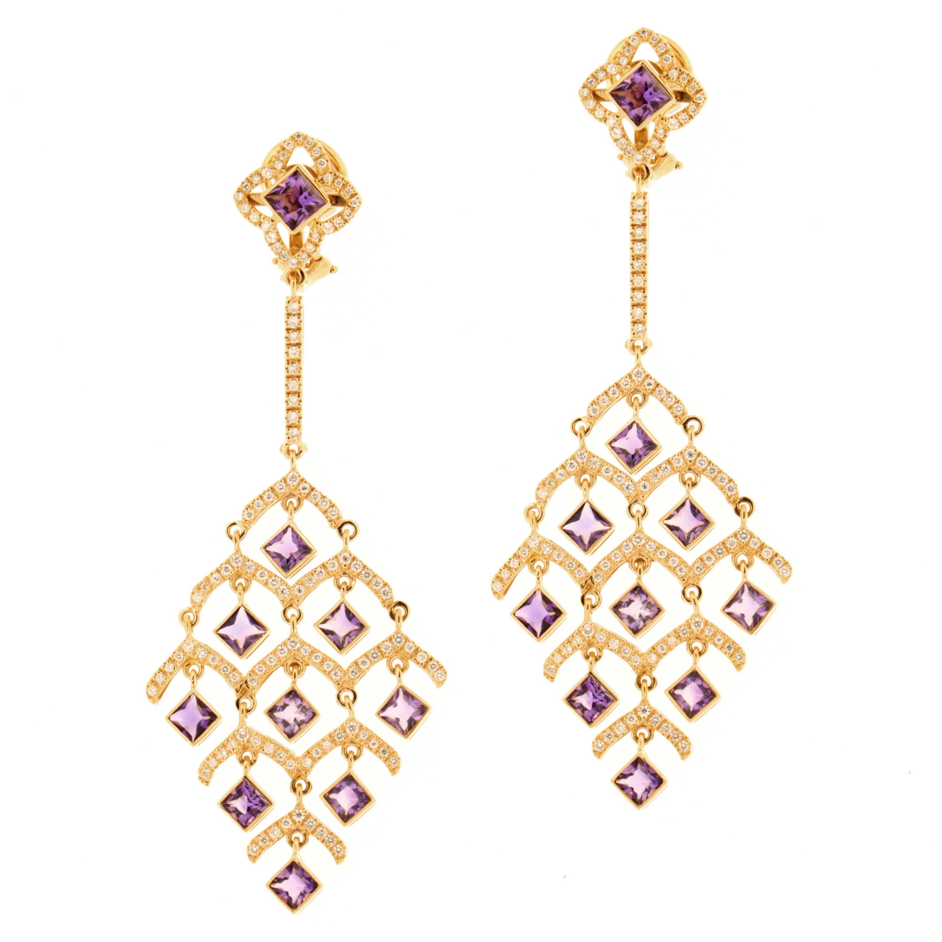 Zorab Creation, Kronleuchter-Ohrringe aus Roségold mit Amethystquarz und Diamant im Angebot