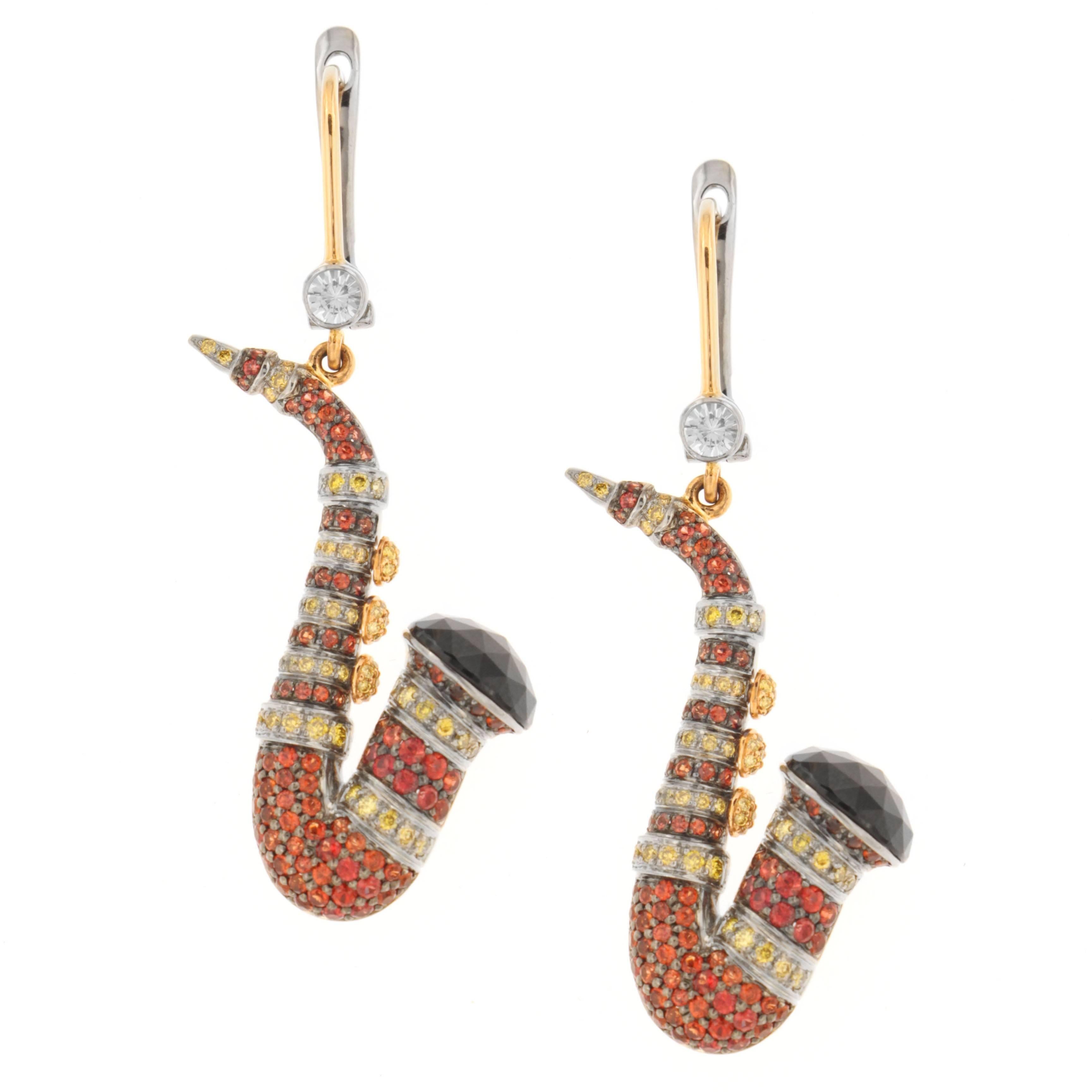 Zorab Creation Orange Red Sapphire Spinel Diamond Saxophone Dangle Earrings For Sale