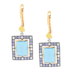 Zorab Creation 12.33 Carat Blue Topaz Sapphire Diamonds Gold Drop Earrings