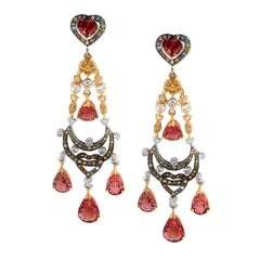 Zorab Creation Pink Tourmaline Multi-Color Diamond Sapphire Chandelier Earrings