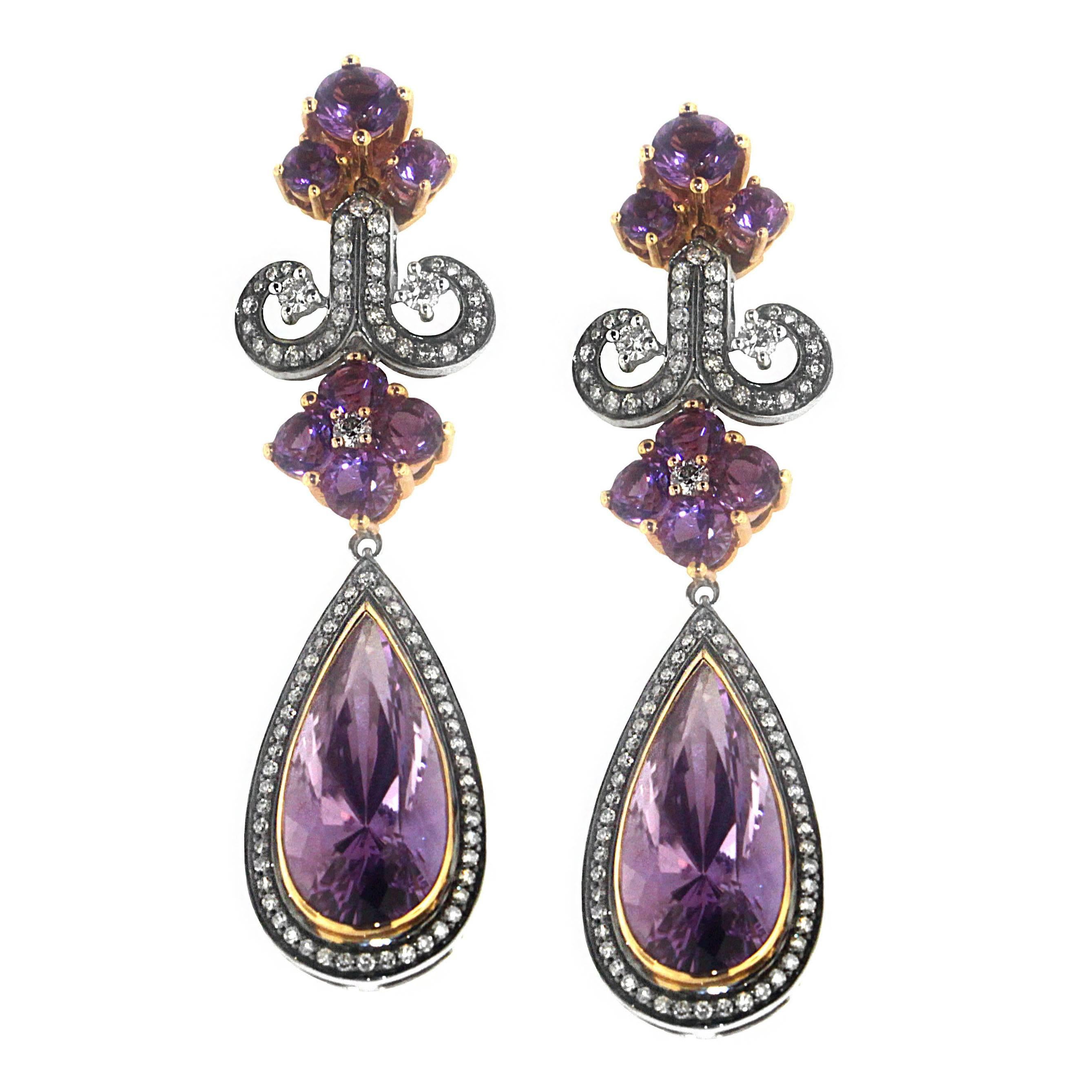 Zorab Creation, boucles d'oreilles lustre en améthyste, quartz et diamants de 20,20 carats
