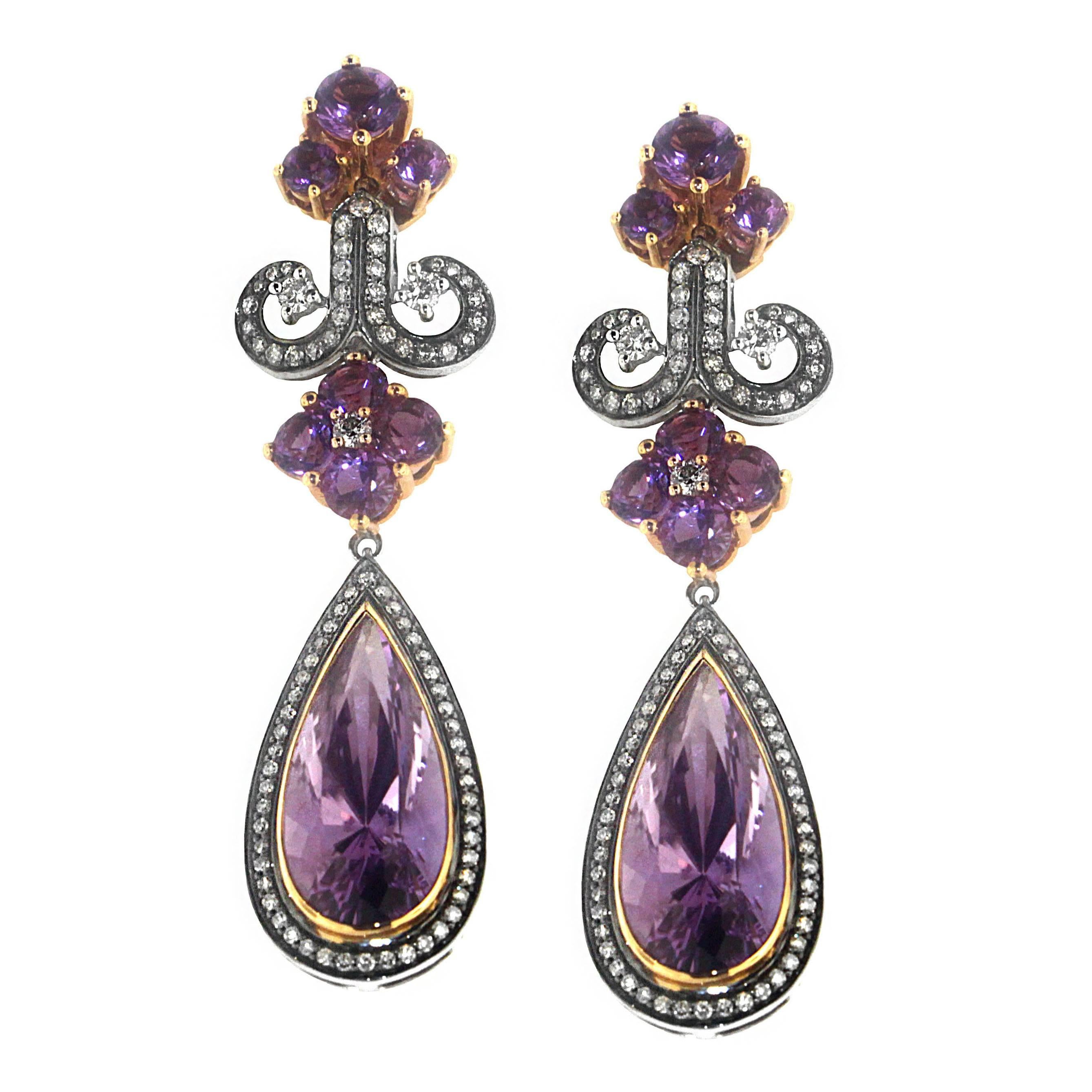 Zorab Creation 20.20 Carat Amethyst Quartz Diamond Chandelier Earrings For Sale