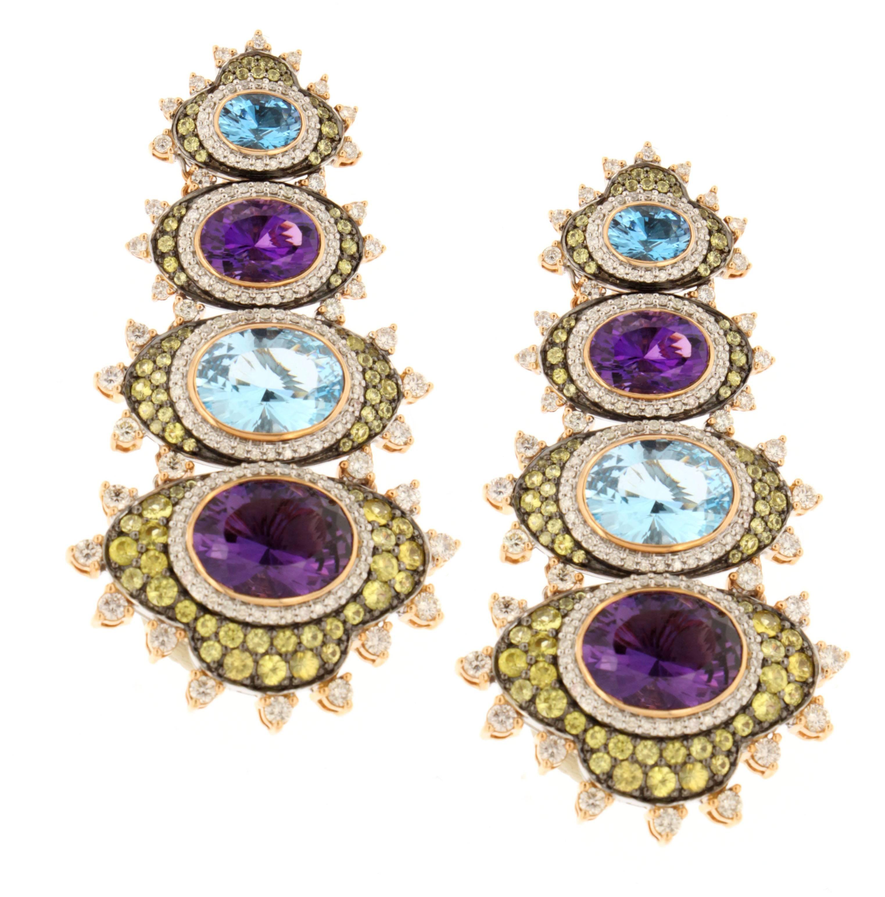 Zorab Creation Amethyst Quartz Blue & Yellow Saphhire Diamond Drop Gold Earrings