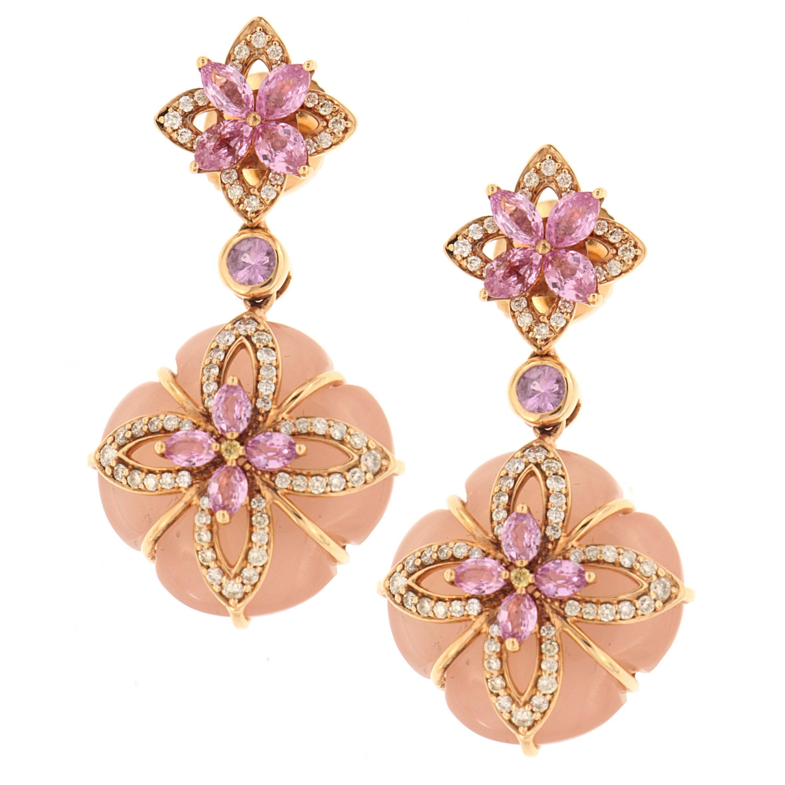 Zorab Creation Pink Chalcedony, White Diamond and Pink Sapphire Drop Earrings For Sale