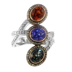 Zorab Creation Three Center Stones with Yellow and White Diamonds Gold Ring