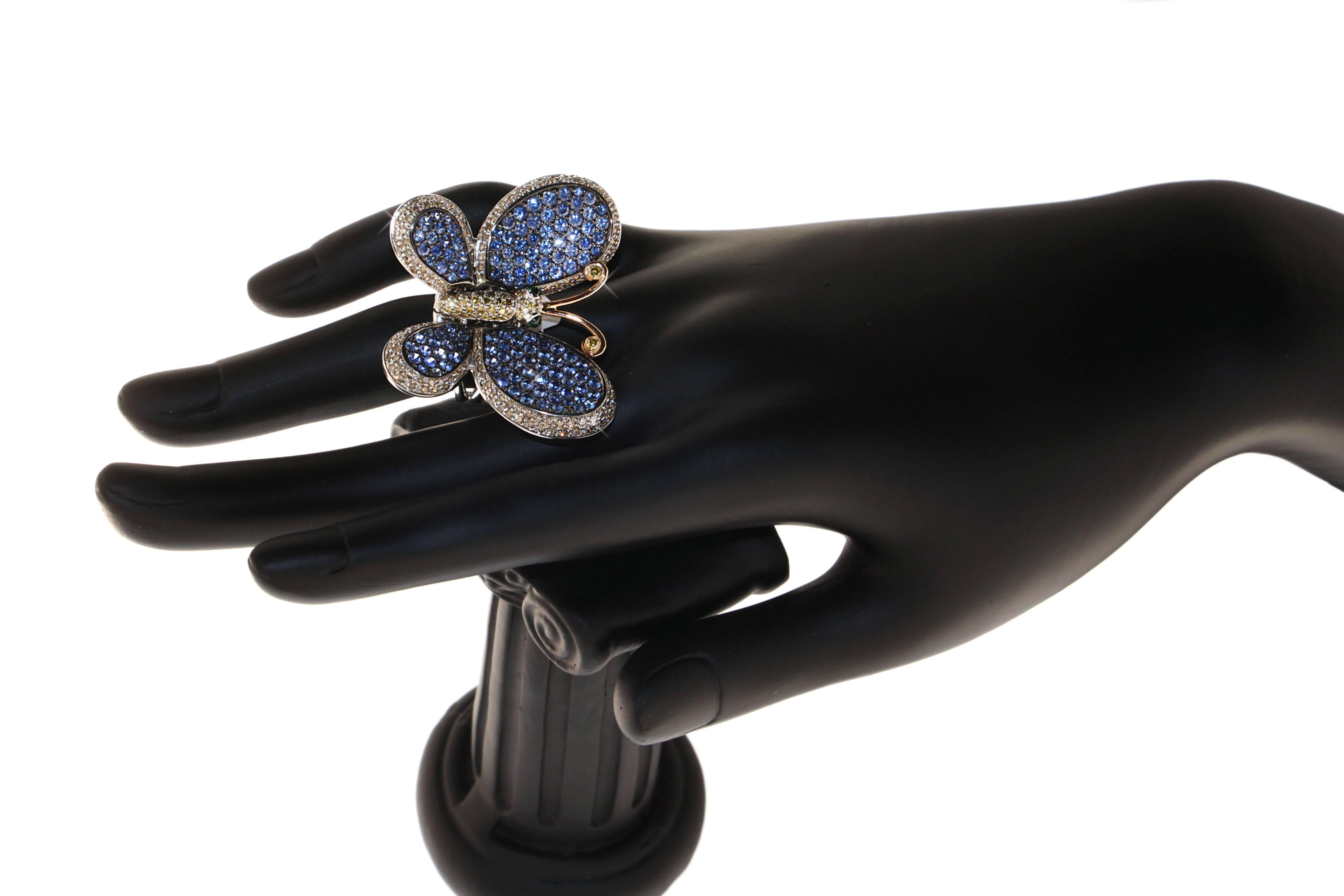 Contemporary Zorab Creation Blue Sapphire Diamond Butterfly Cocktail Ring For Sale