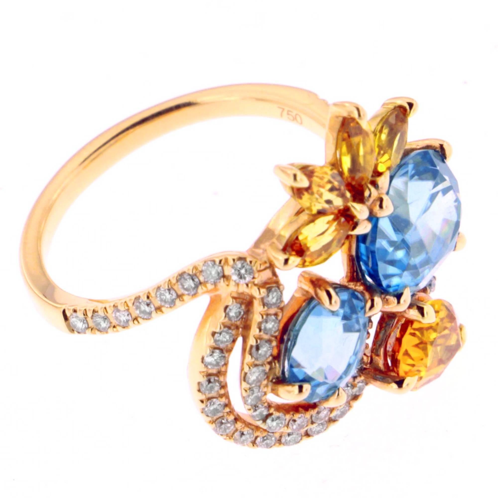Zorab puts his unique touch on the swirl ring giving it an ultra feminine and artistic look. 5.40 Carats of Blue Zircon are paired with 1.84 Carats of Yellow Diamonds with 0.36 Carats of White Diamonds swirling around the main stones. 

This item