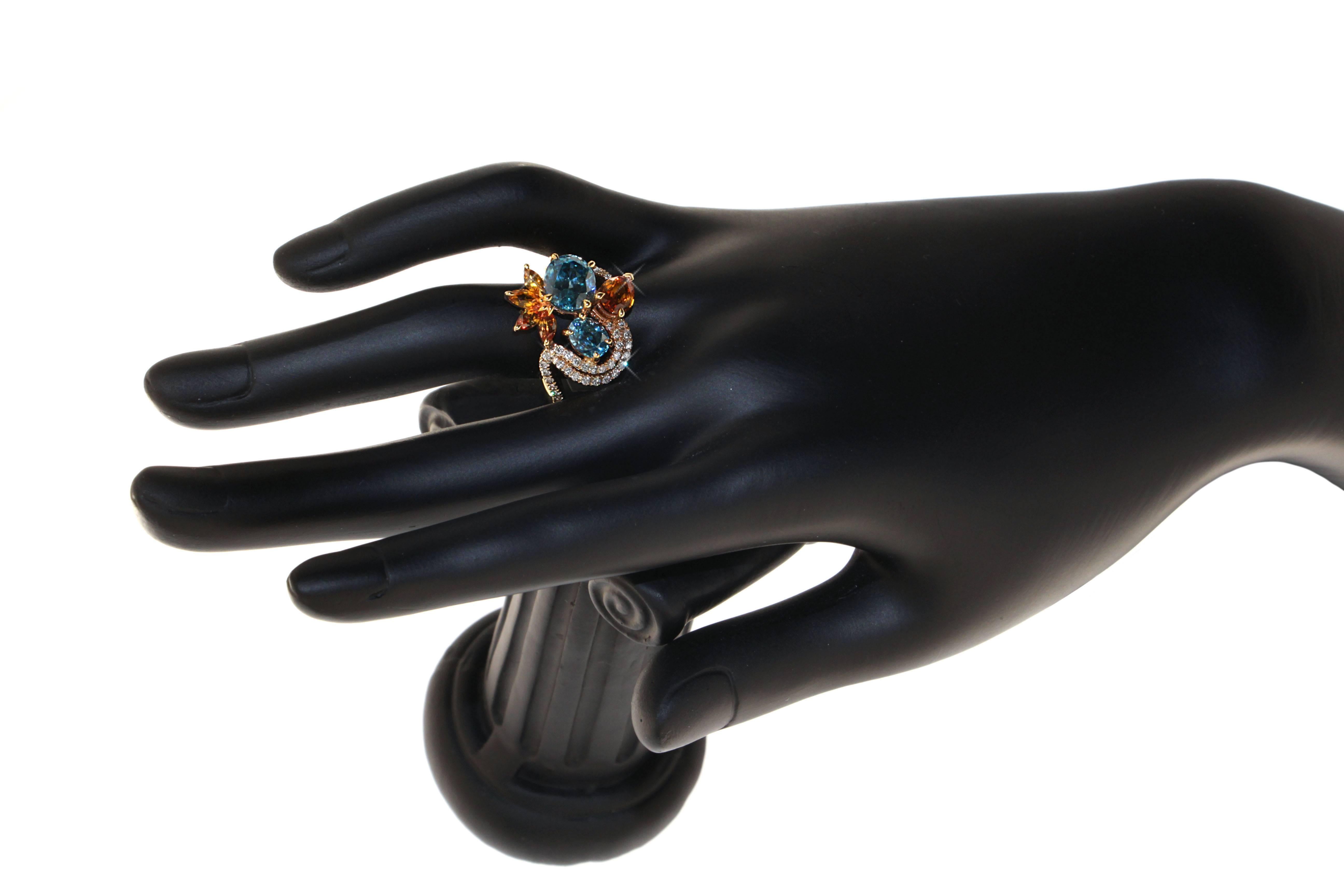 Contemporary Zorab Creation Blue Zircon, Yellow Sapphire and White Diamond Gold Swirl Ring For Sale