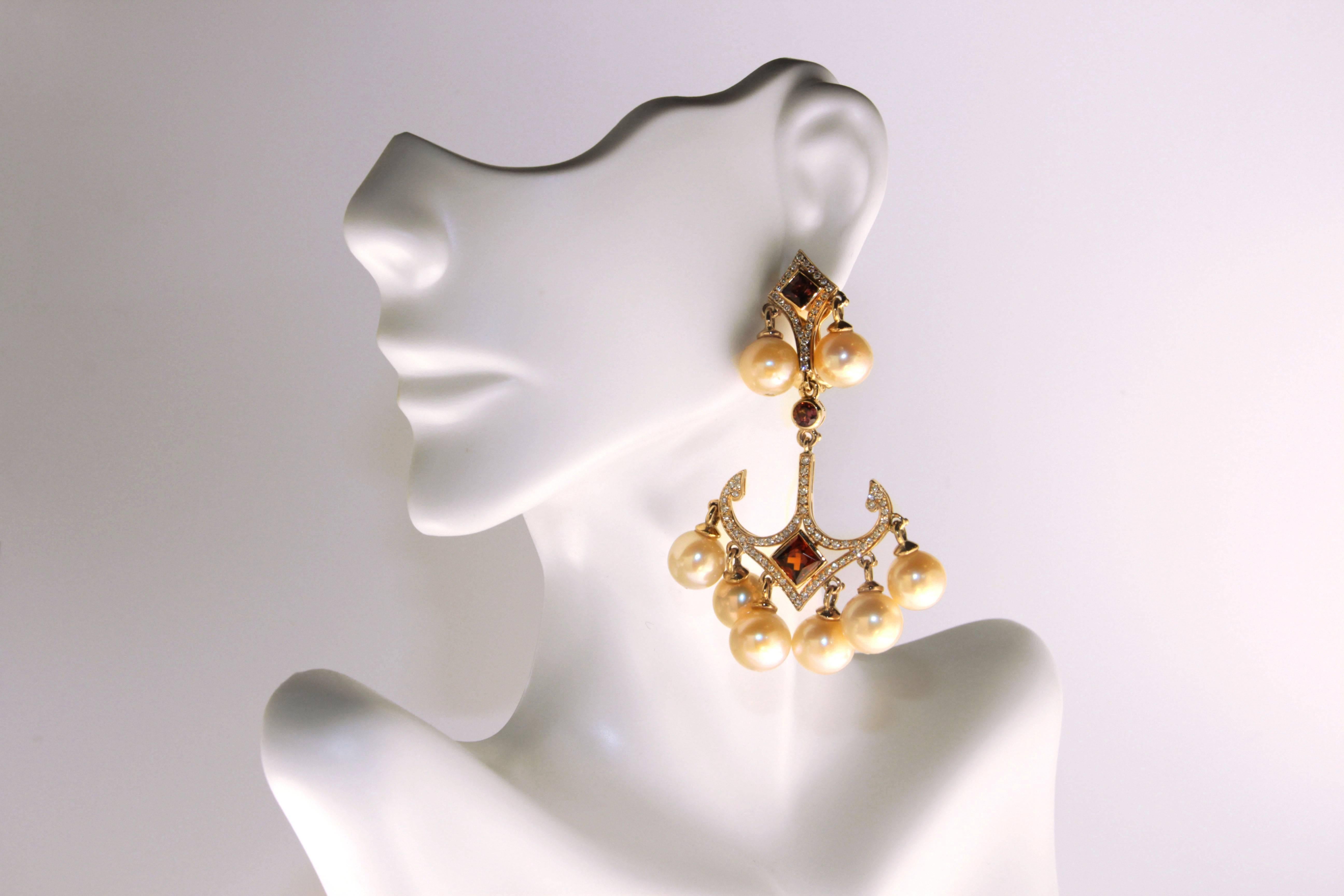 Zorab Creation Perle Grenat Spinel avec Diamants Blancs Boucle d'Oreille Chandelier en Or Neuf - En vente à San Diego, CA