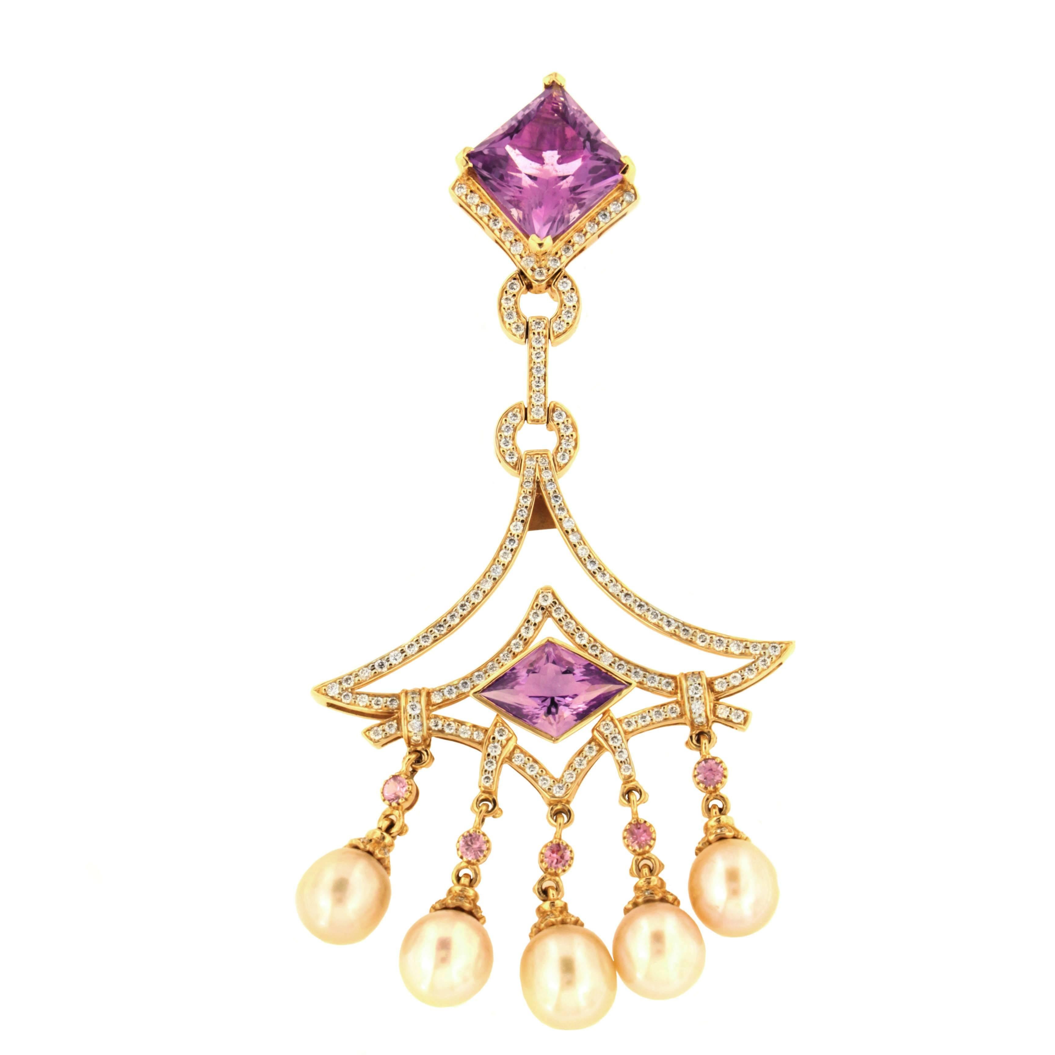 Traditionally considered the ultimate symbol of elegance, Zorab's Pink Pearl (10 qty) statement Chandelier earrings are soft and romantic. The regal design is set with Pink Sapphire (1.12 Carats), Amethyst Quartz (26.12 Carats) and White Diamond