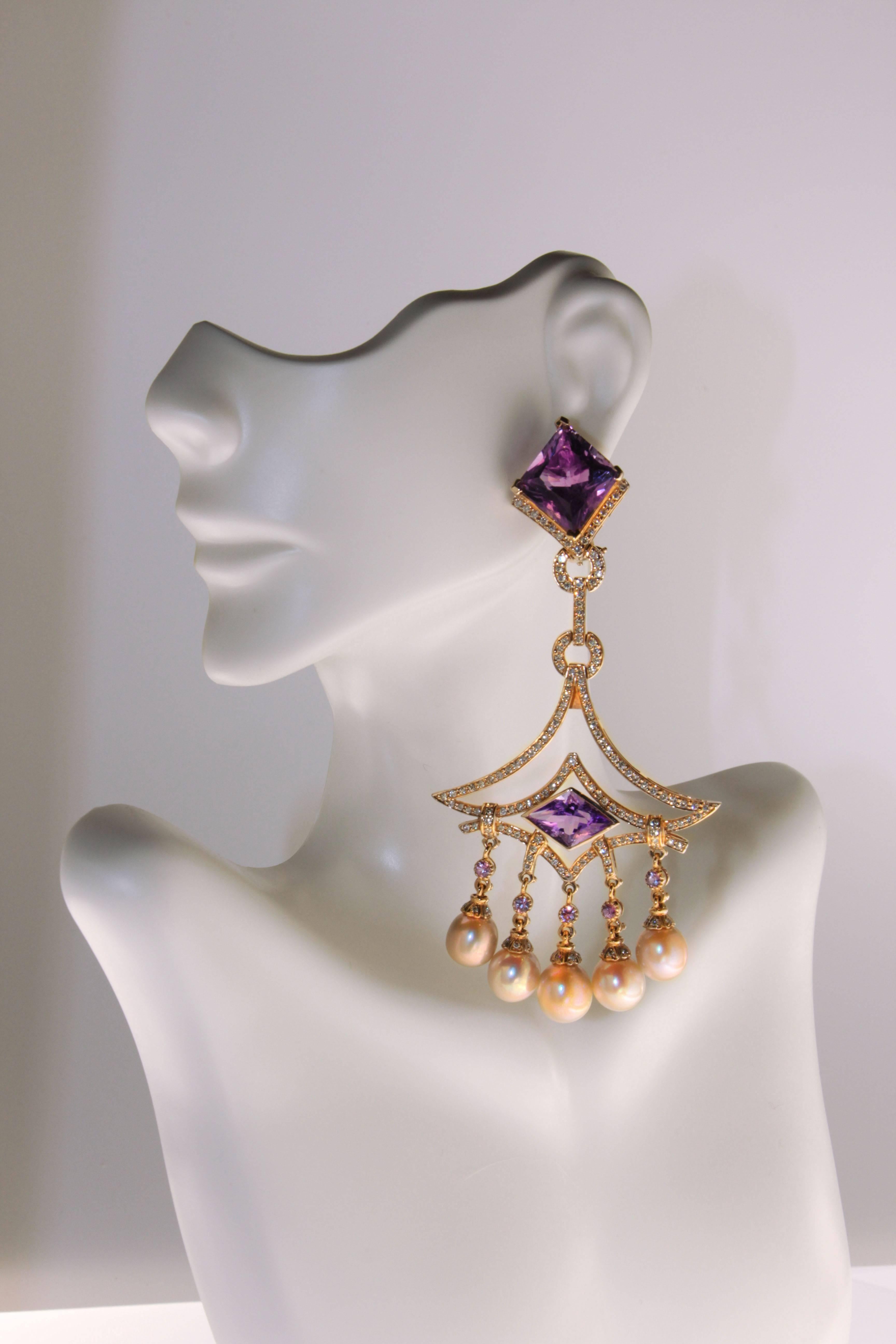 Neoclassical Zorab Creation Amethyst Quartz Pearl and Sapphire Diamond Earrings 18 Karat Gold For Sale