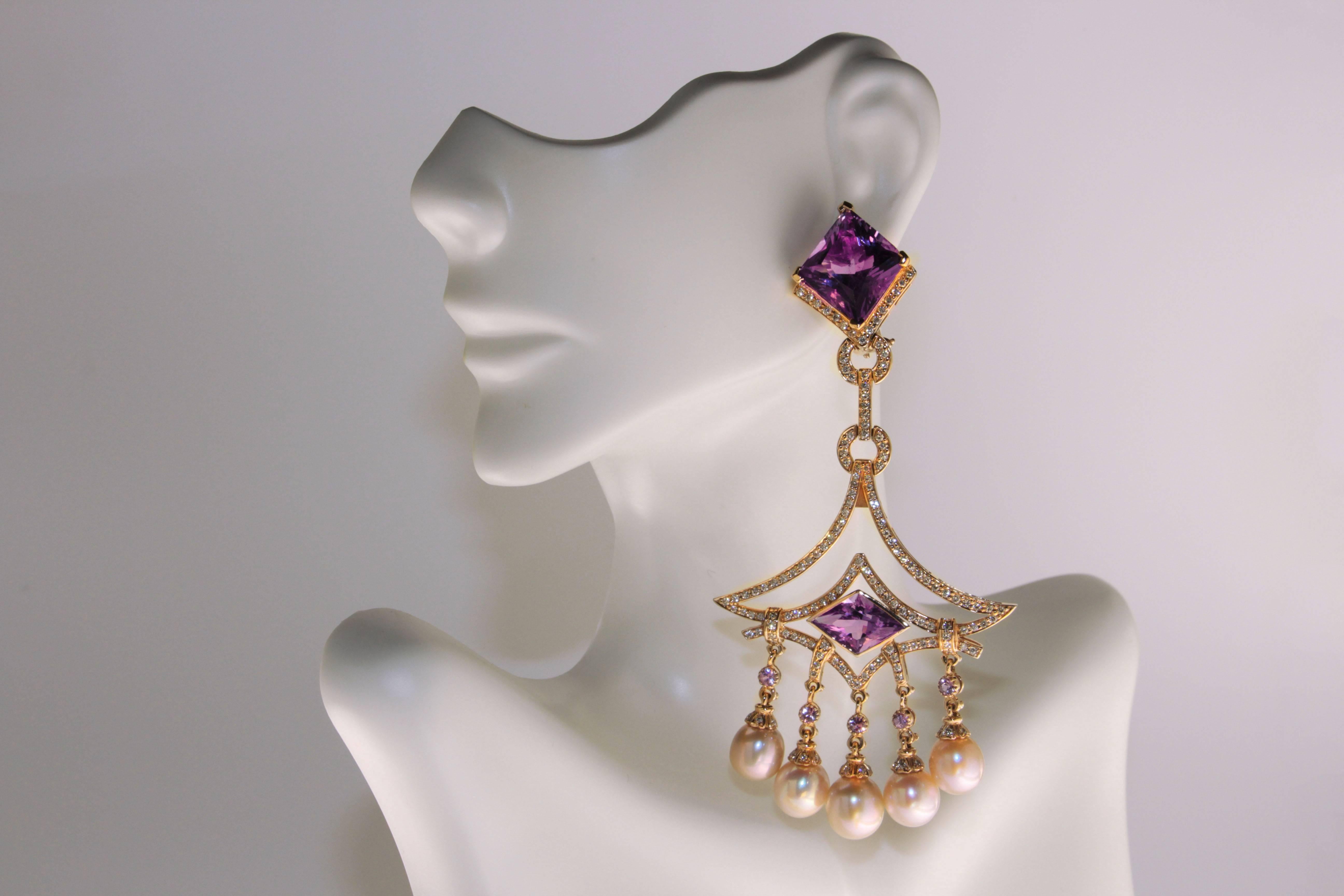 Zorab Creation Amethyst Quartz Pearl and Sapphire Diamond Earrings 18 Karat Gold In New Condition For Sale In San Diego, CA